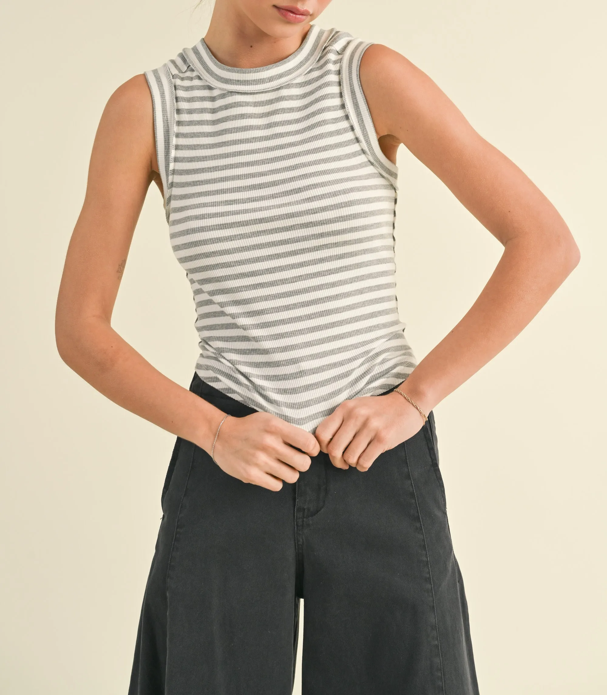 Norma Striped Ribbed Top in Grey