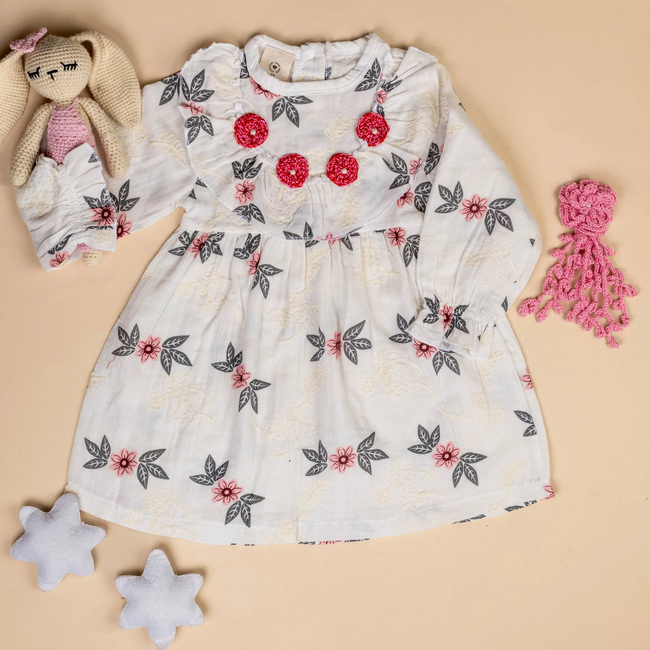 Organic Cotton Muslin White Floral Dress & Pink Flower Long Clip-Gift Set