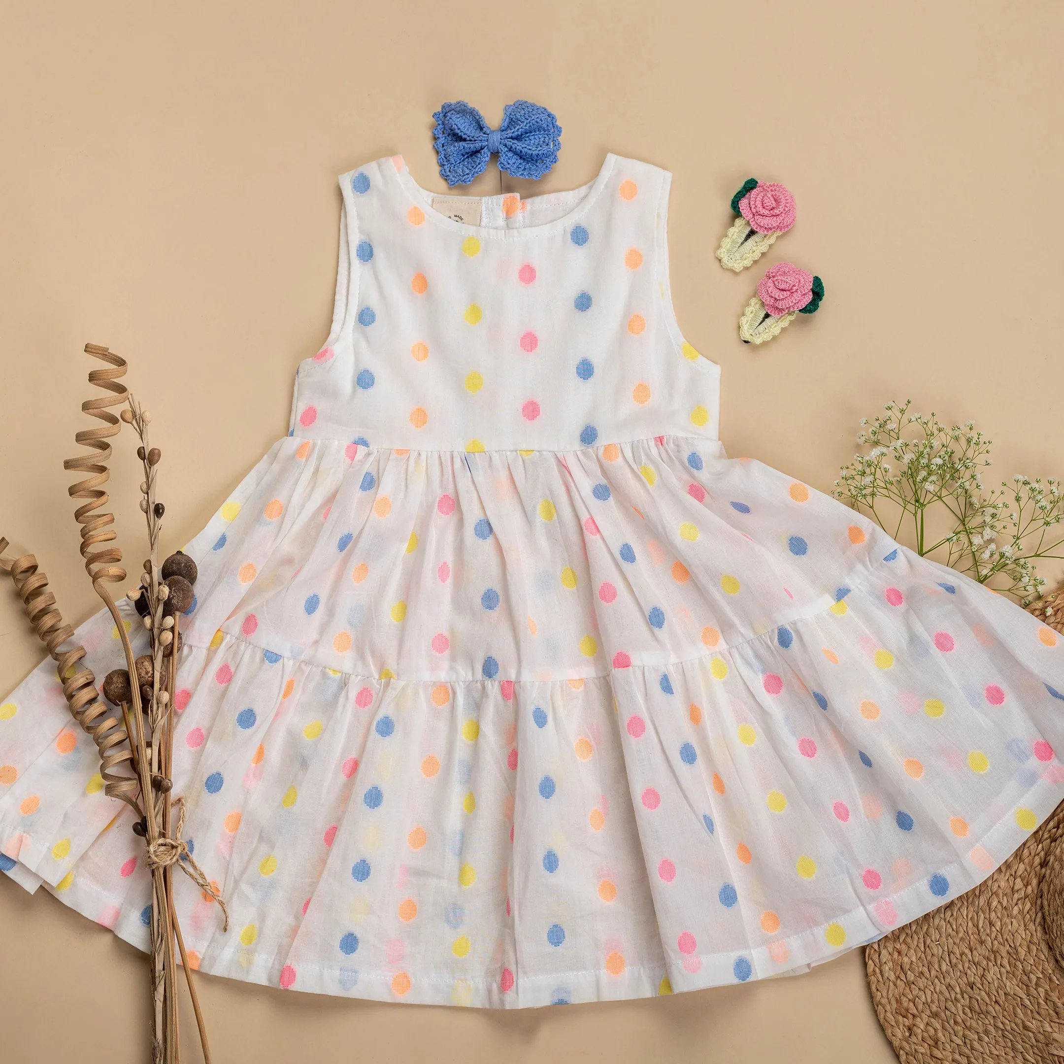 Organic Cotton Polka Dot Dress & Rose Clip, Bow Set/Gift Set-Gift Set