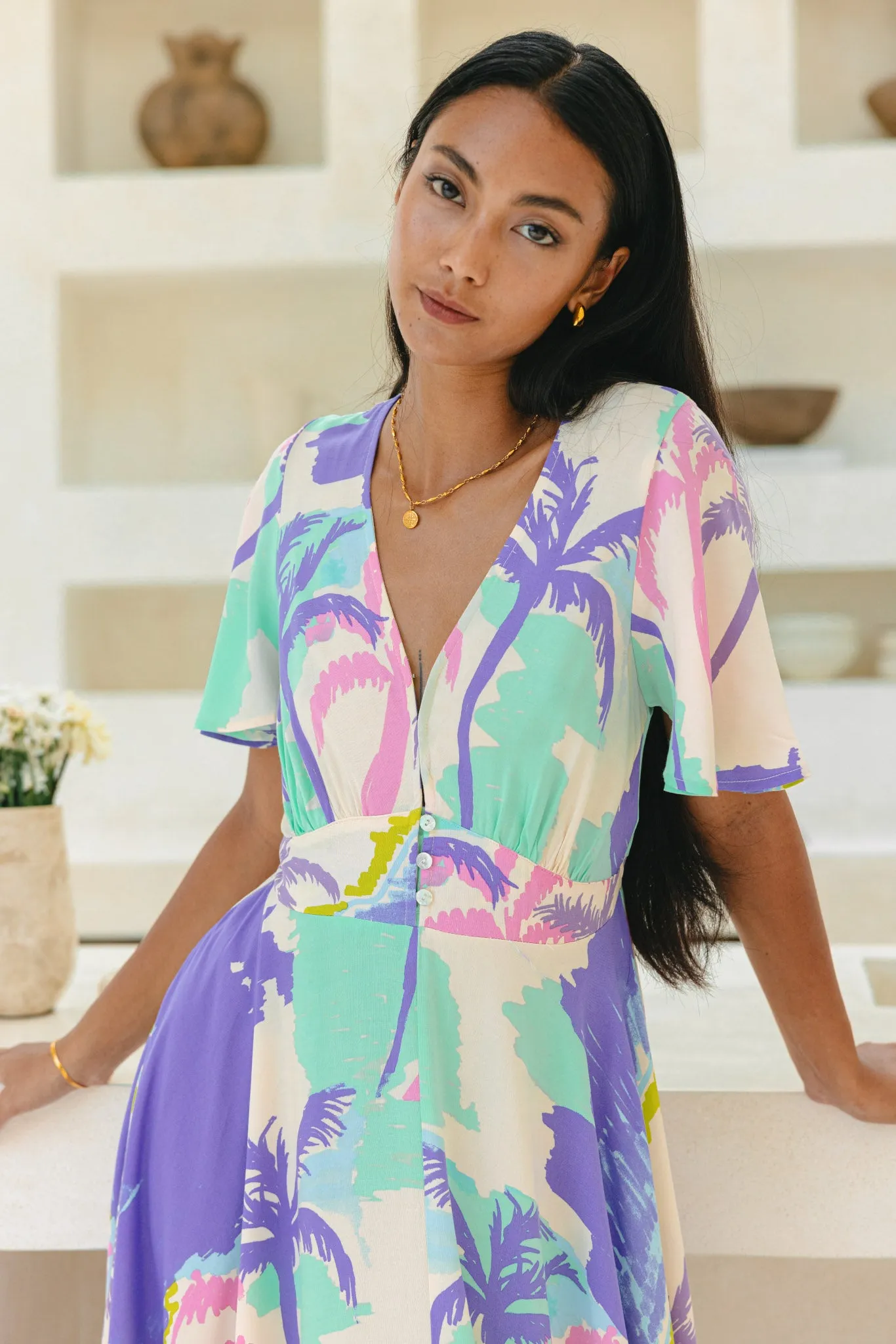 Paradisio Purple Tropical V-Neck Midi Dress