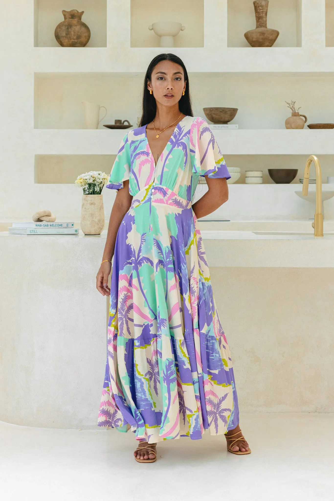 Paradisio Purple Tropical V-Neck Midi Dress