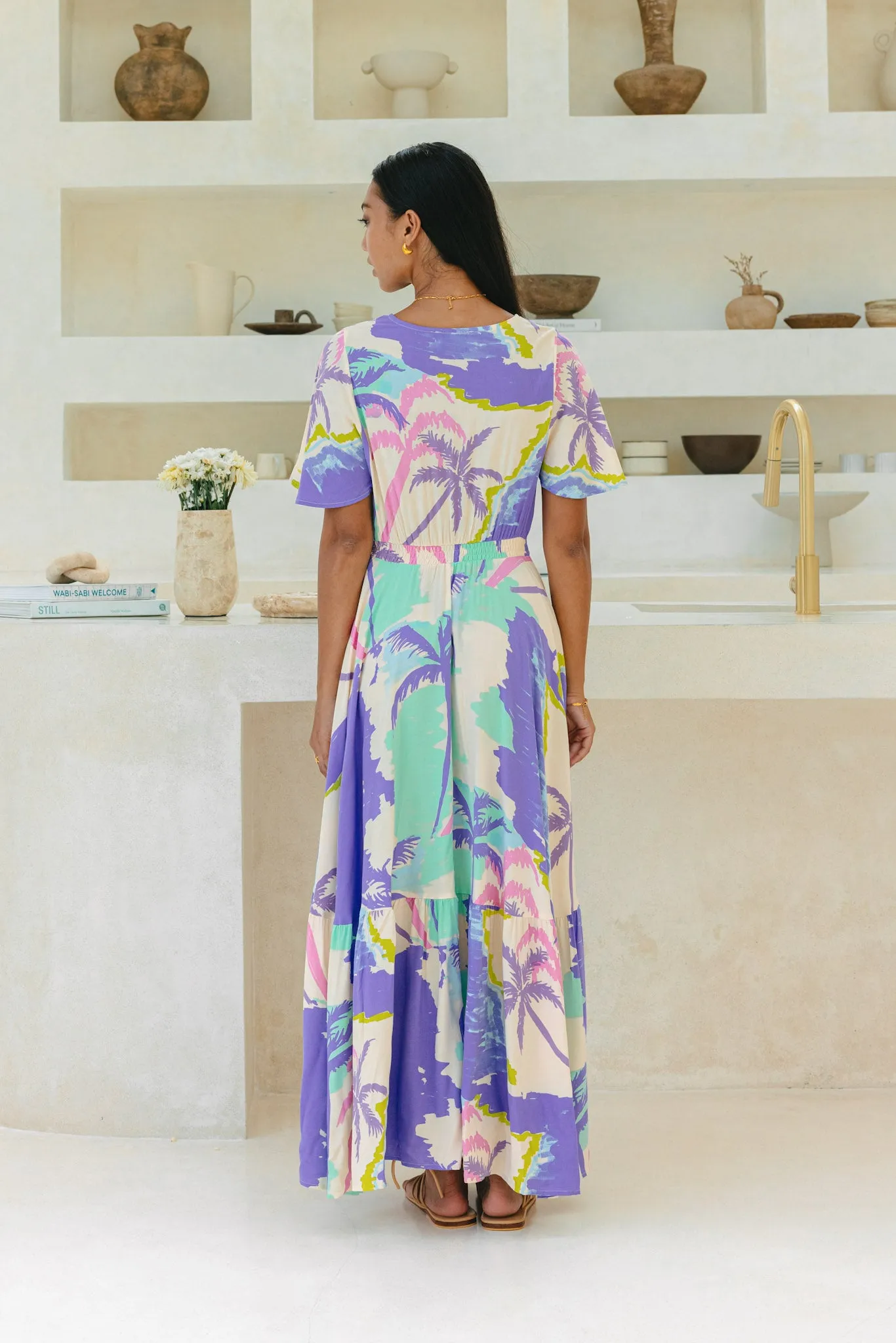 Paradisio Purple Tropical V-Neck Midi Dress