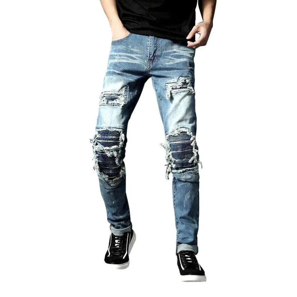 Patchwork knees men's biker jeans