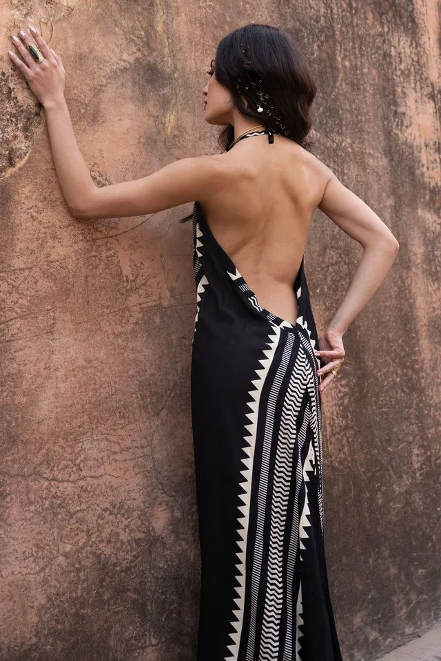 Pia Halterneck Maxi Dress - Black & White