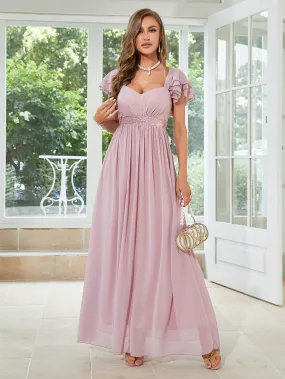 Pink Chiffon Sweetheart Layered Sleeve Maxi Dress