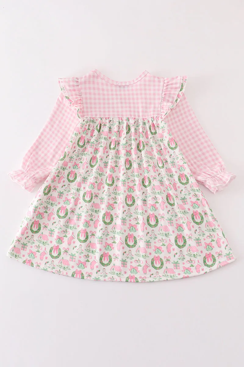 Pink watercolor christmas print girl dress