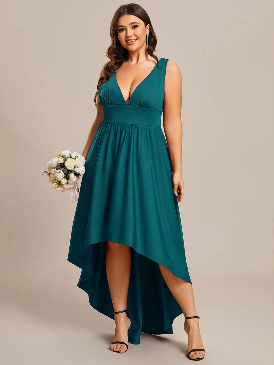 Plus High Low Deep V Neck Sleeveless Wholesale Bridesmaid Dresses