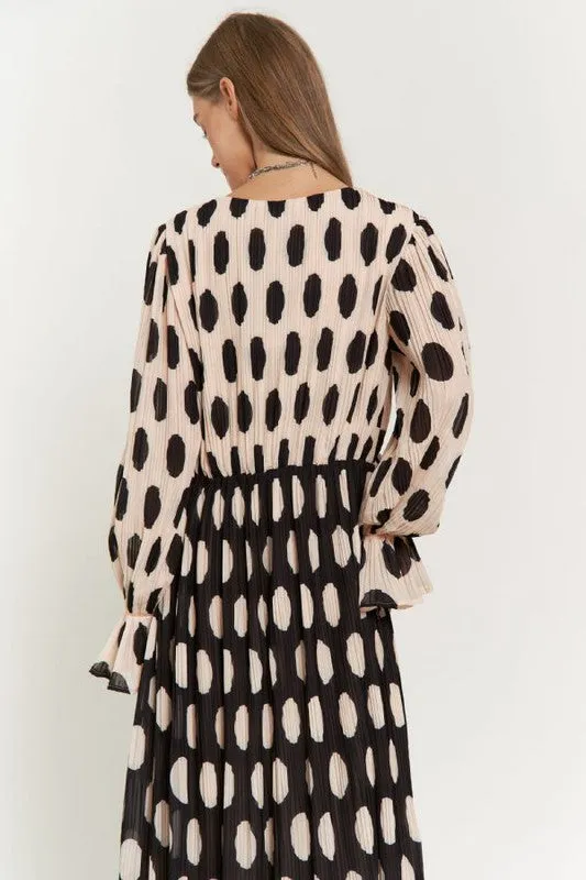 Polka Dot Ruffled Long Sleeve Pleated Maxi Dress