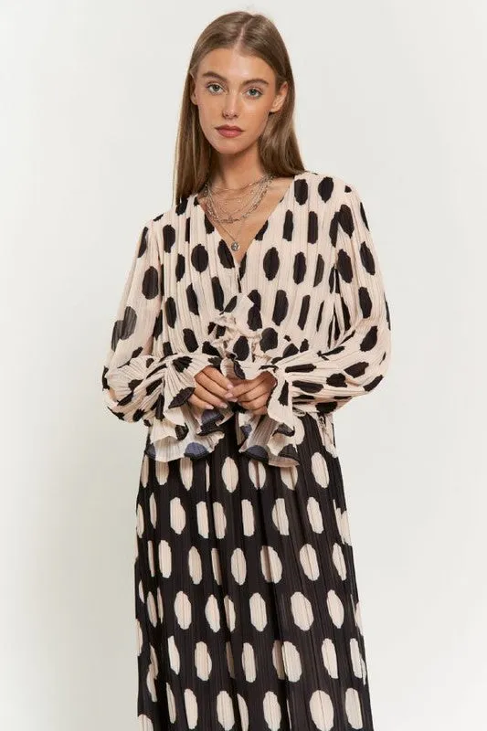 Polka Dot Ruffled Long Sleeve Pleated Maxi Dress