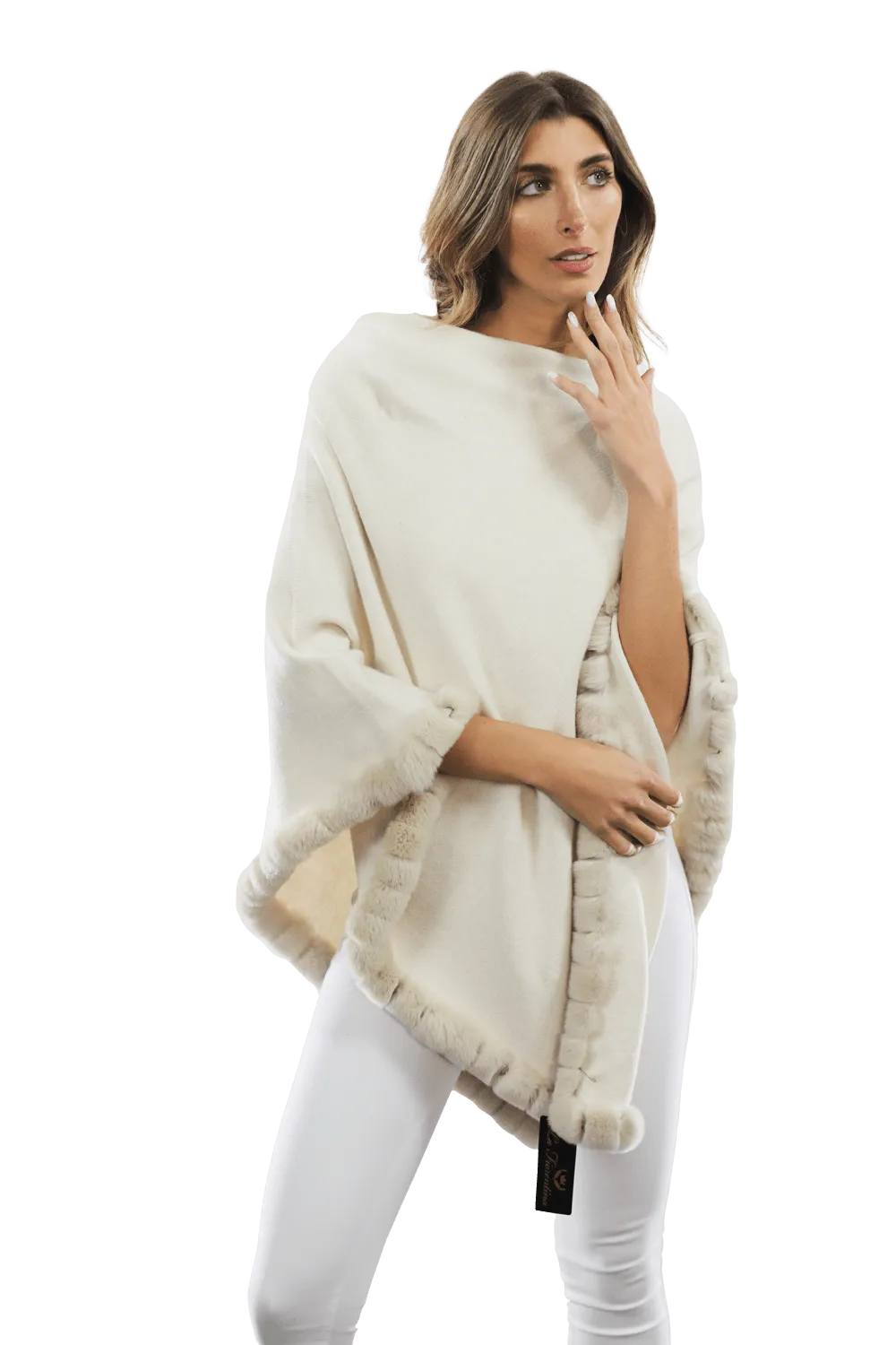 Poncho with Rex Rabbit Trim - Ivory