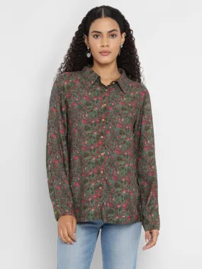 Porsorte Women’s Green Floral Printed Full Sleeves, Button-Down Collar Shirt