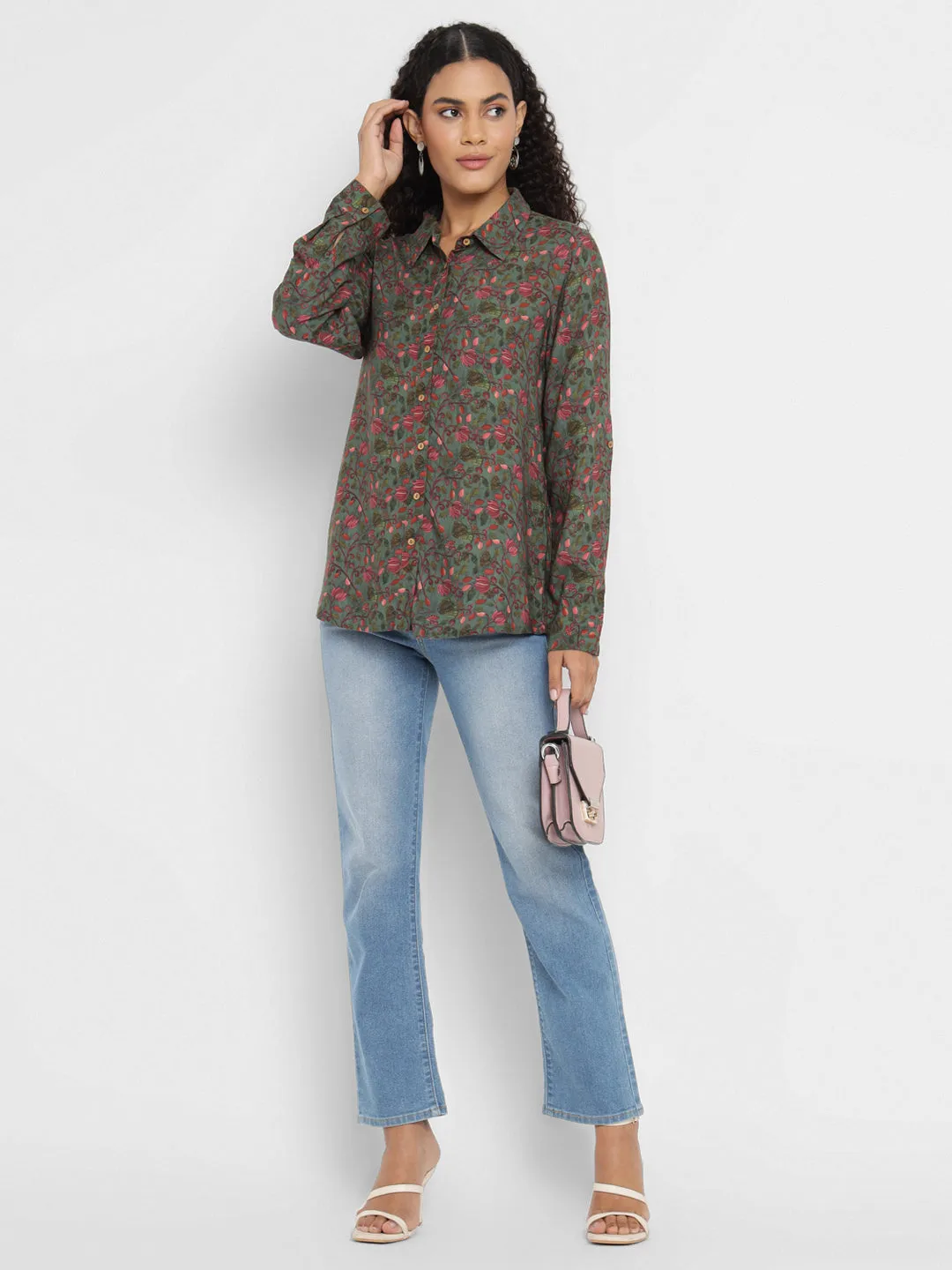 Porsorte Women’s Green Floral Printed Full Sleeves, Button-Down Collar Shirt