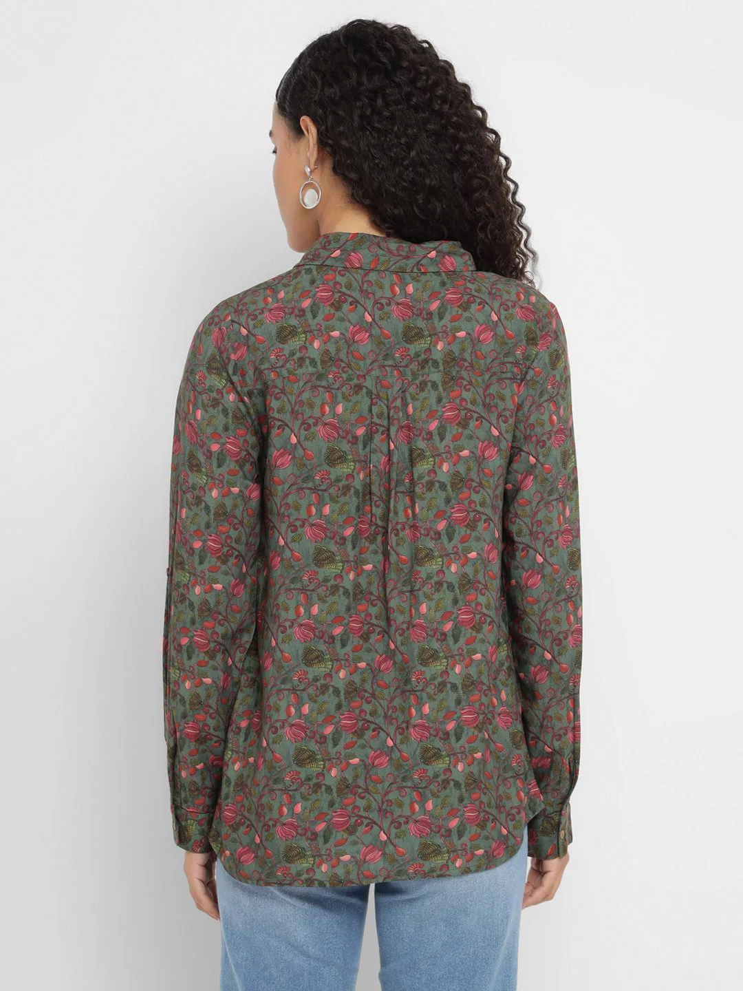 Porsorte Women’s Green Floral Printed Full Sleeves, Button-Down Collar Shirt