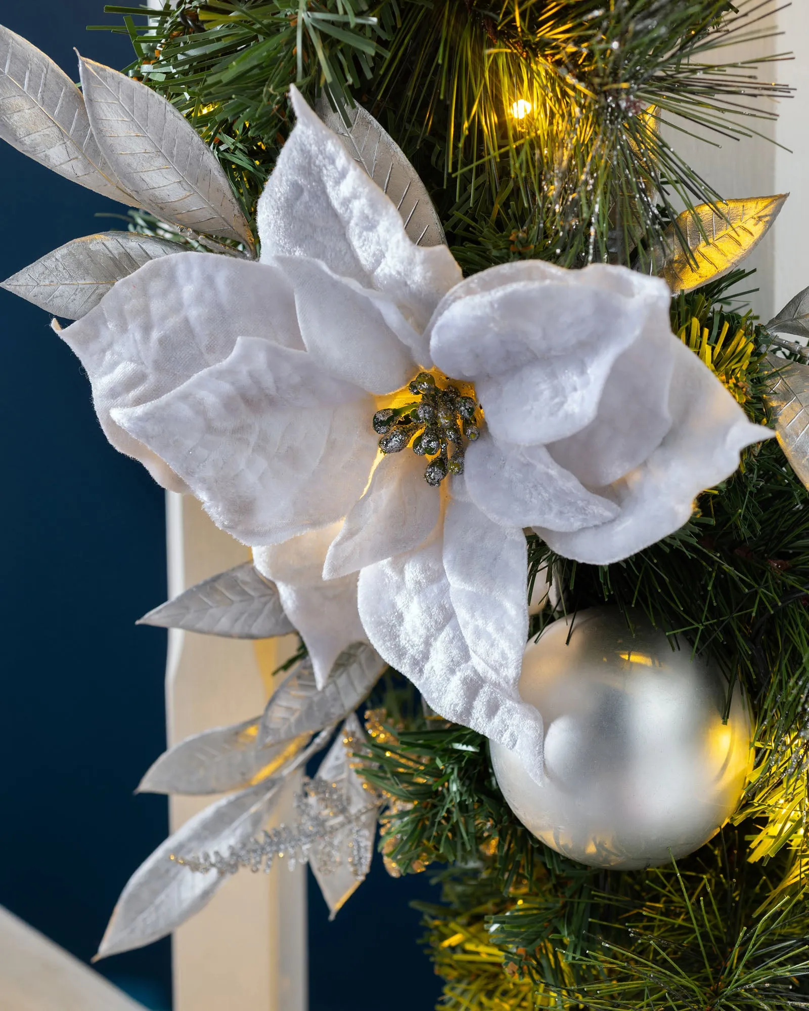 Pre-Lit Decorated Garland, Silver/White, 9 ft