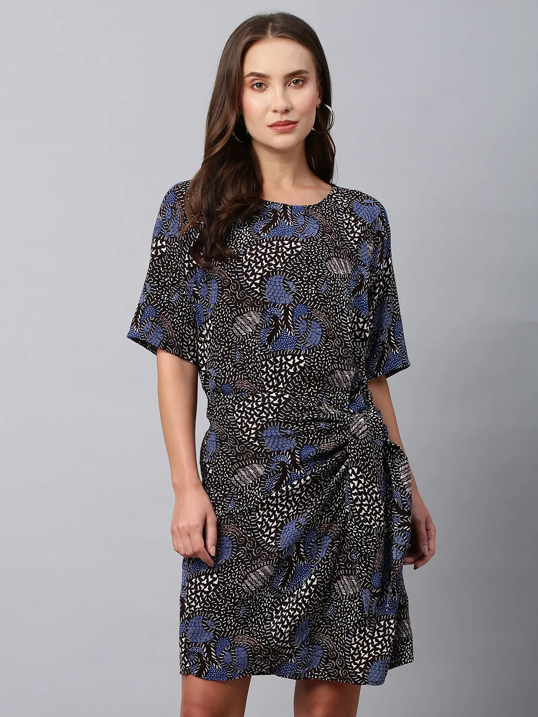 Printed Crinkle Rayon Faux Wrap Side Tie Dress