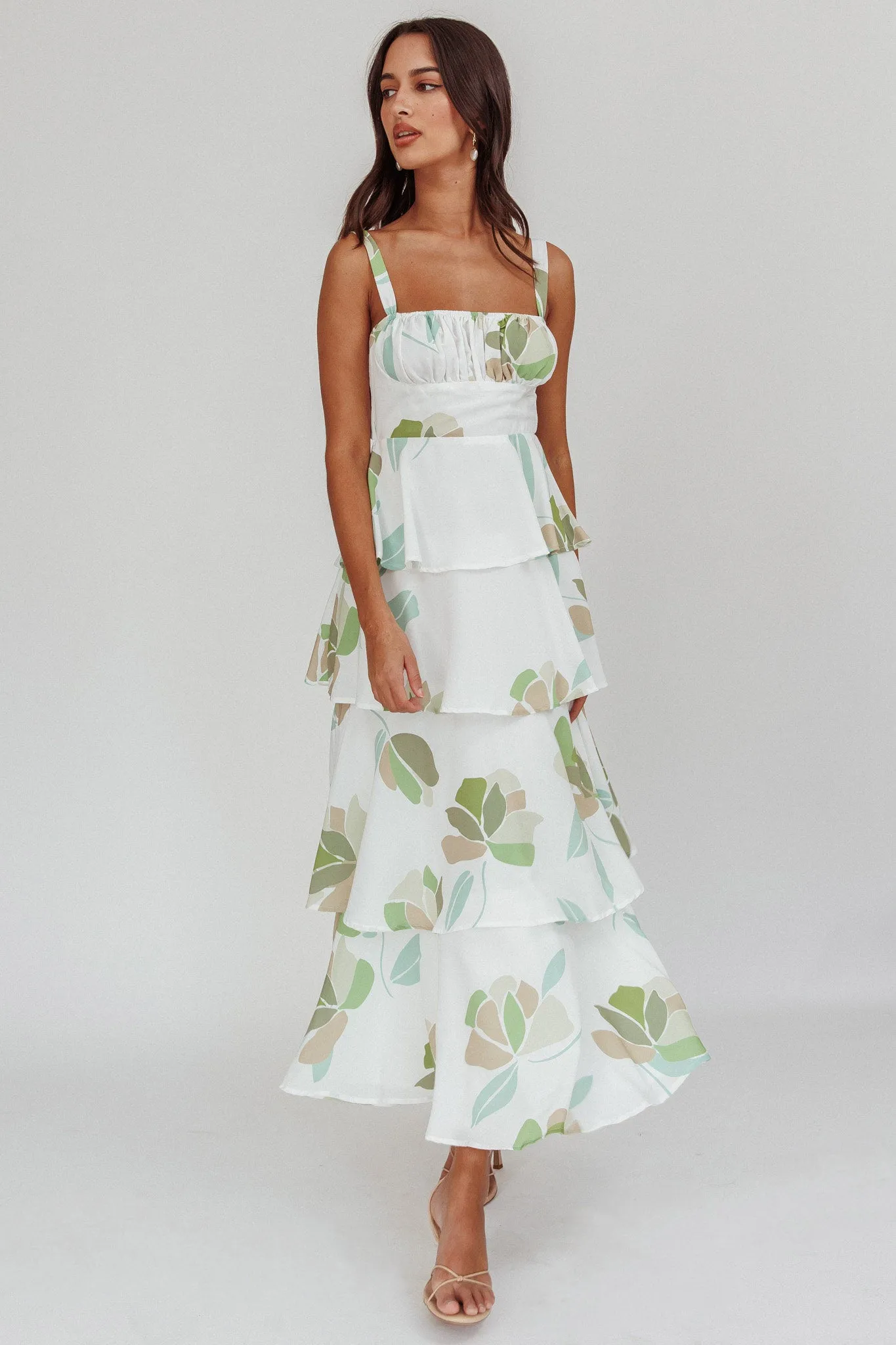 Provence Bloom Tiered Floral Maxi Dress Green