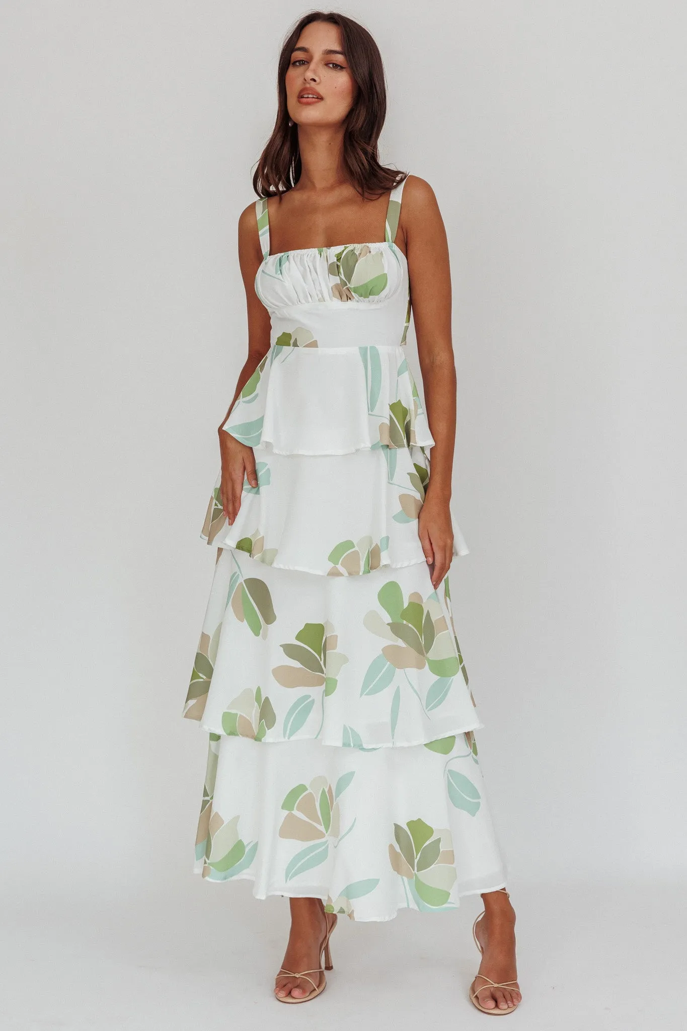 Provence Bloom Tiered Floral Maxi Dress Green