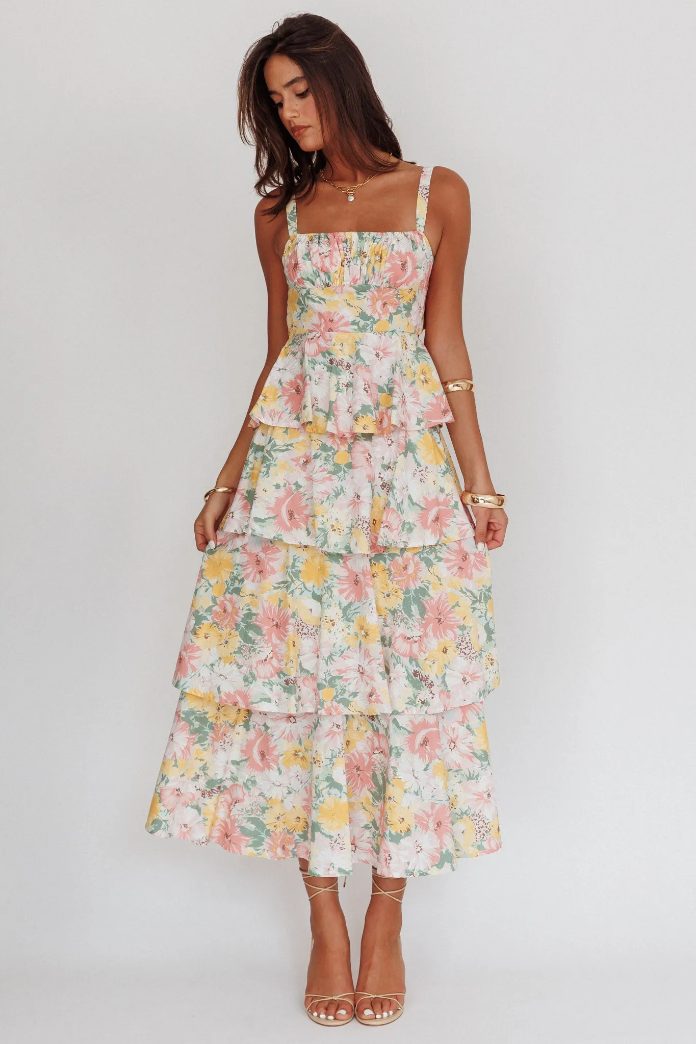 Provence Bloom Tiered Ruffle Maxi Dress Floral