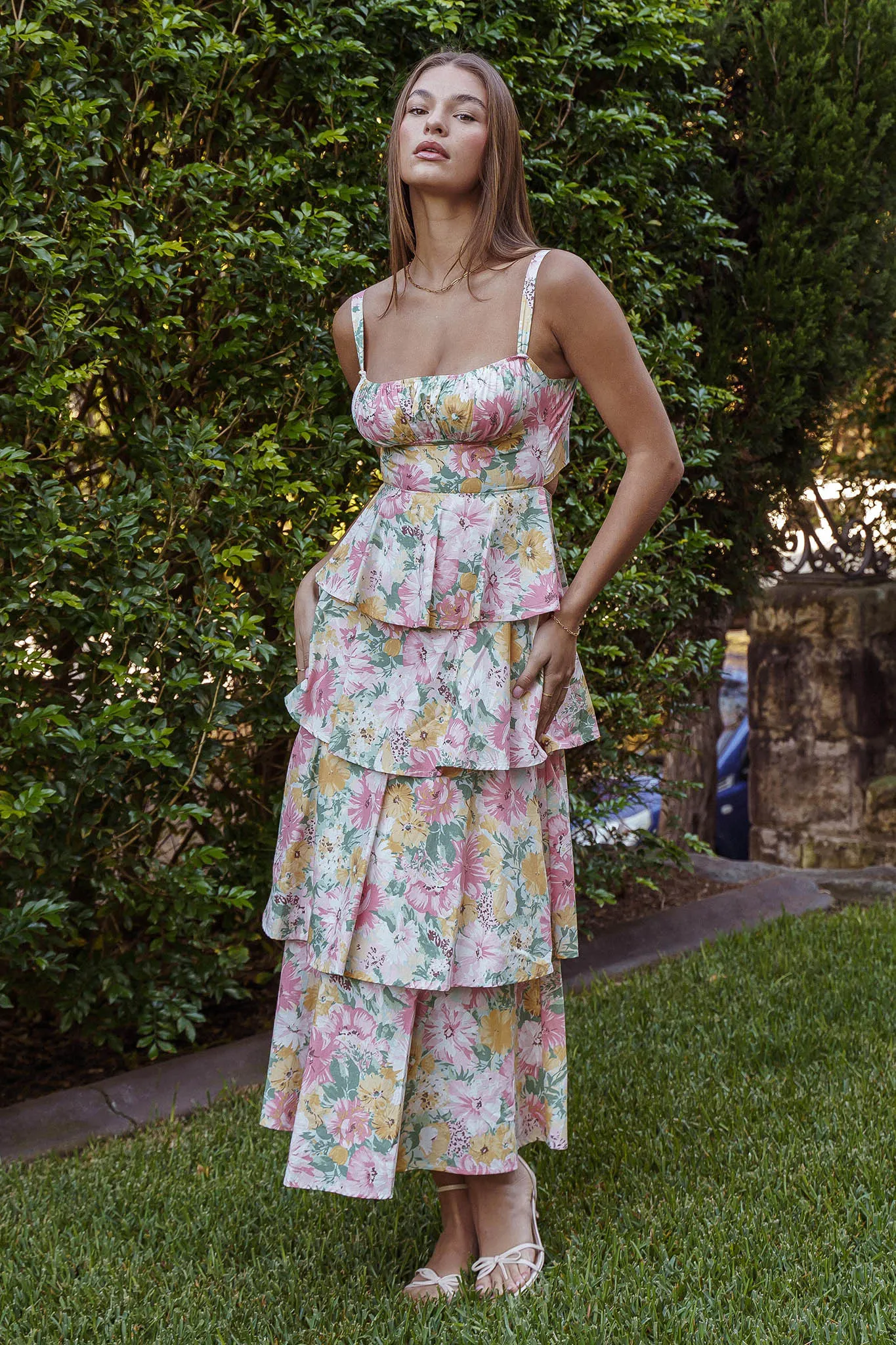 Provence Bloom Tiered Ruffle Maxi Dress Floral