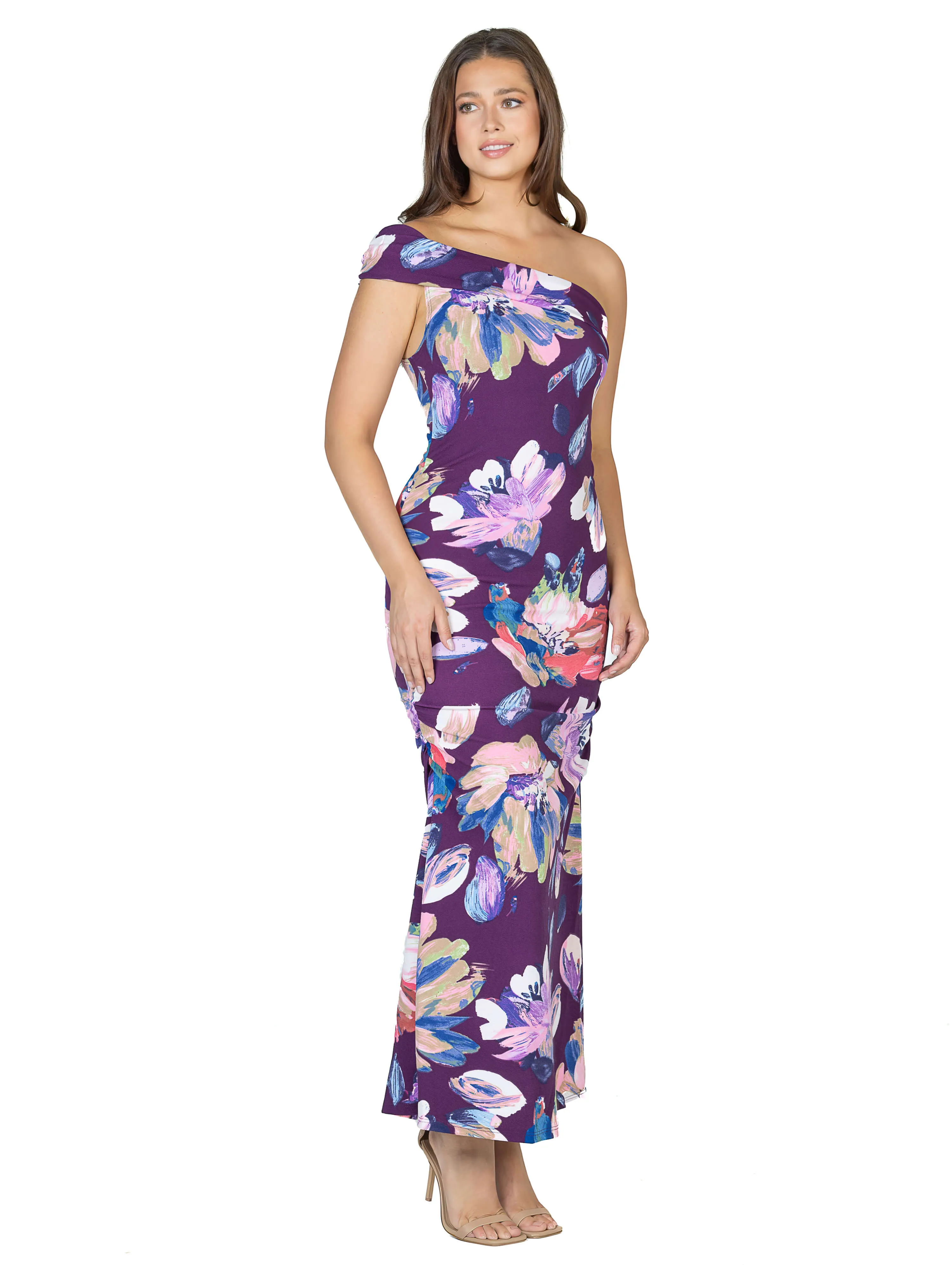 Purple Floral One Shoulder Rouched Mermaid Maxi Dress