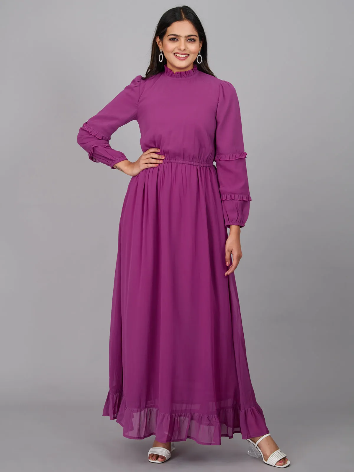 Purple Plain Gathered Maxi Dress (GBKU5240)