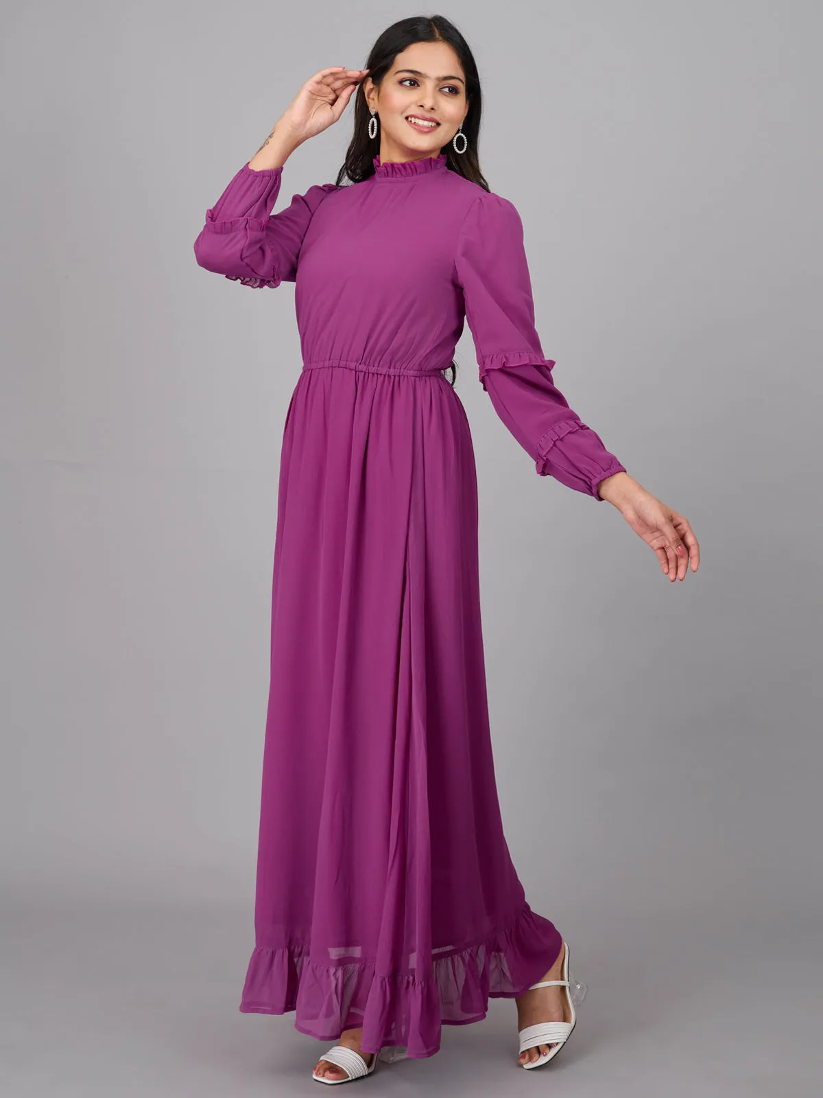 Purple Plain Gathered Maxi Dress (GBKU5240)