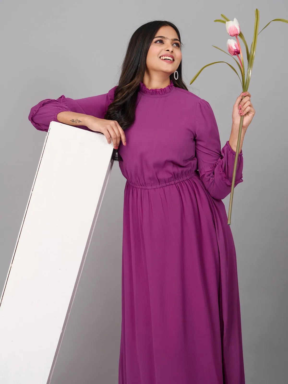 Purple Plain Gathered Maxi Dress (GBKU5240)