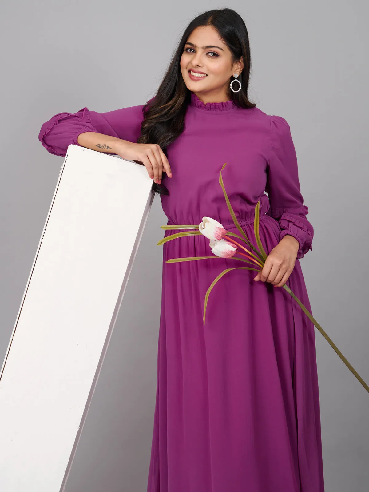 Purple Plain Gathered Maxi Dress (GBKU5240)