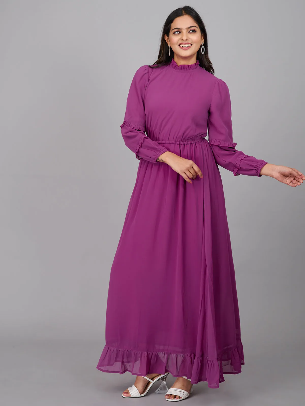 Purple Plain Gathered Maxi Dress (GBKU5240)