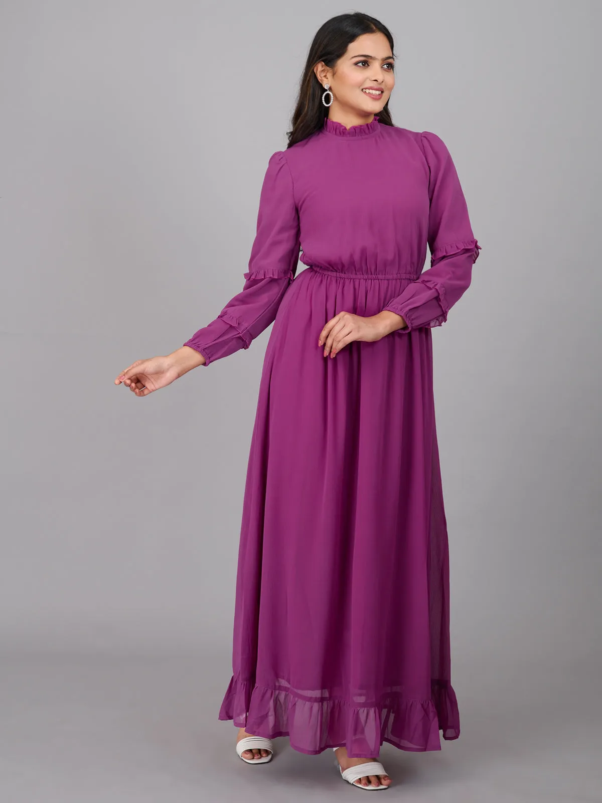 Purple Plain Gathered Maxi Dress (GBKU5240)