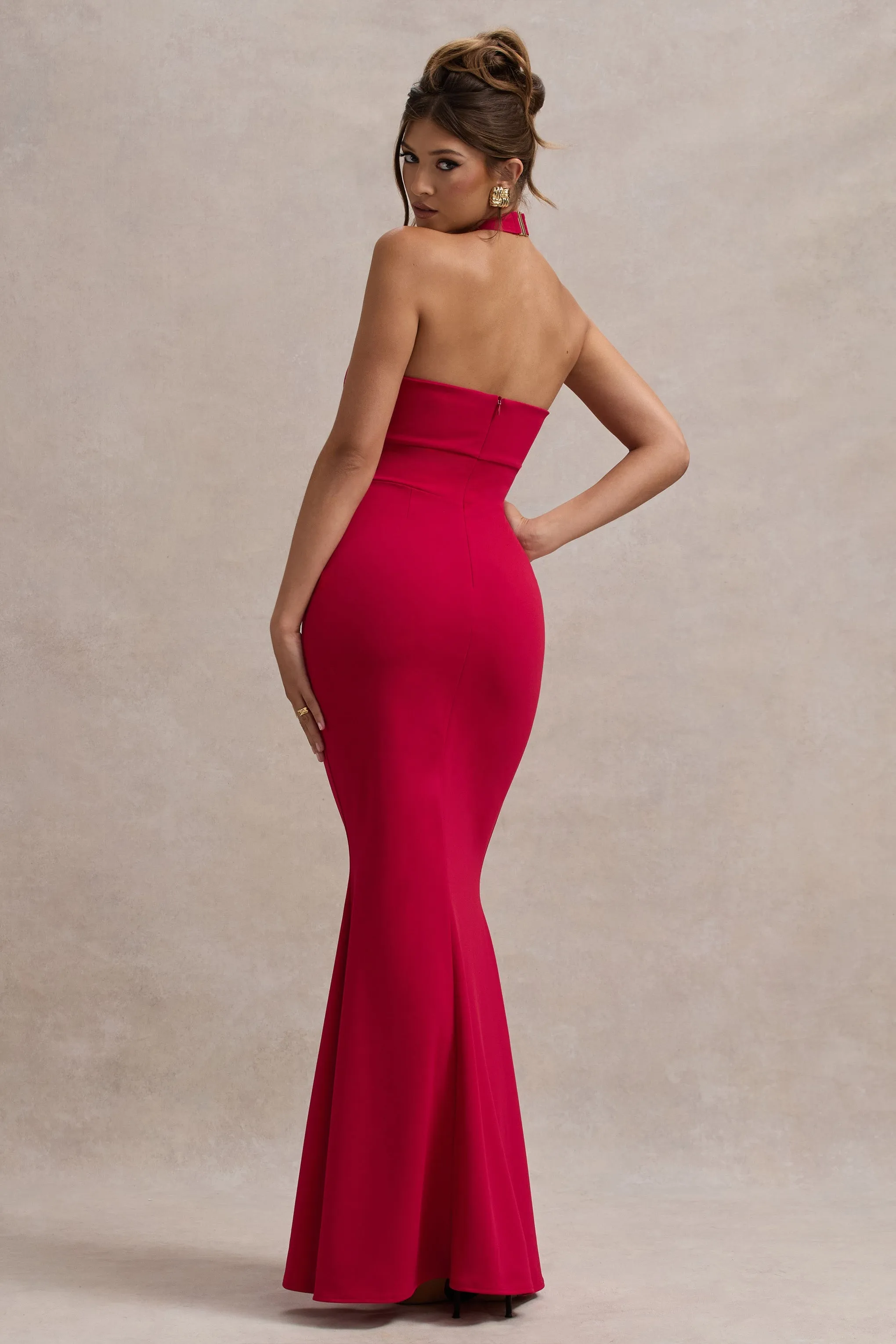 Raelynn | Red Halter-Neck Cut-Out Maxi Dress With Bow