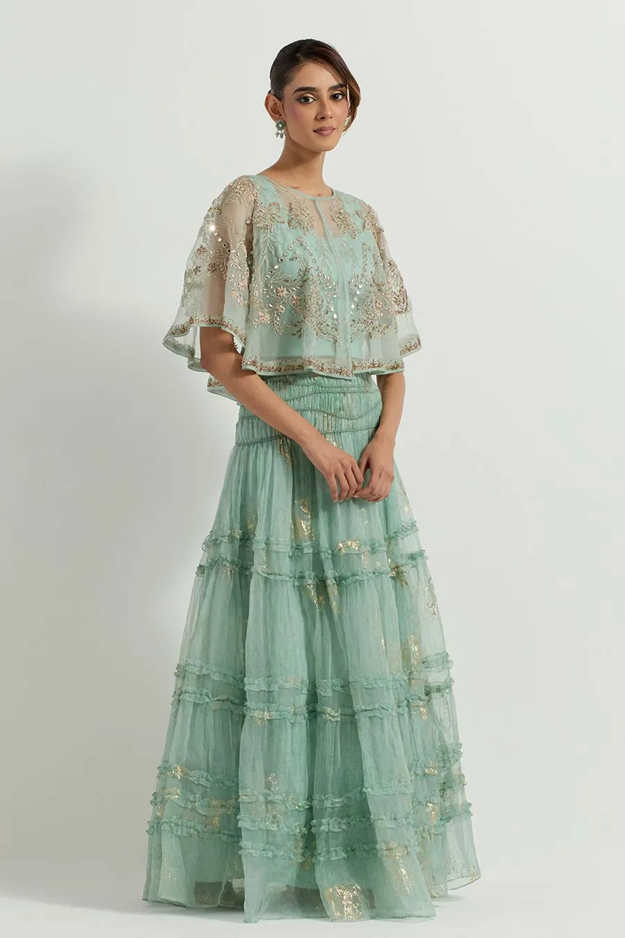 Raeth Sage Organza Embroidered Cape & Lehenga Set