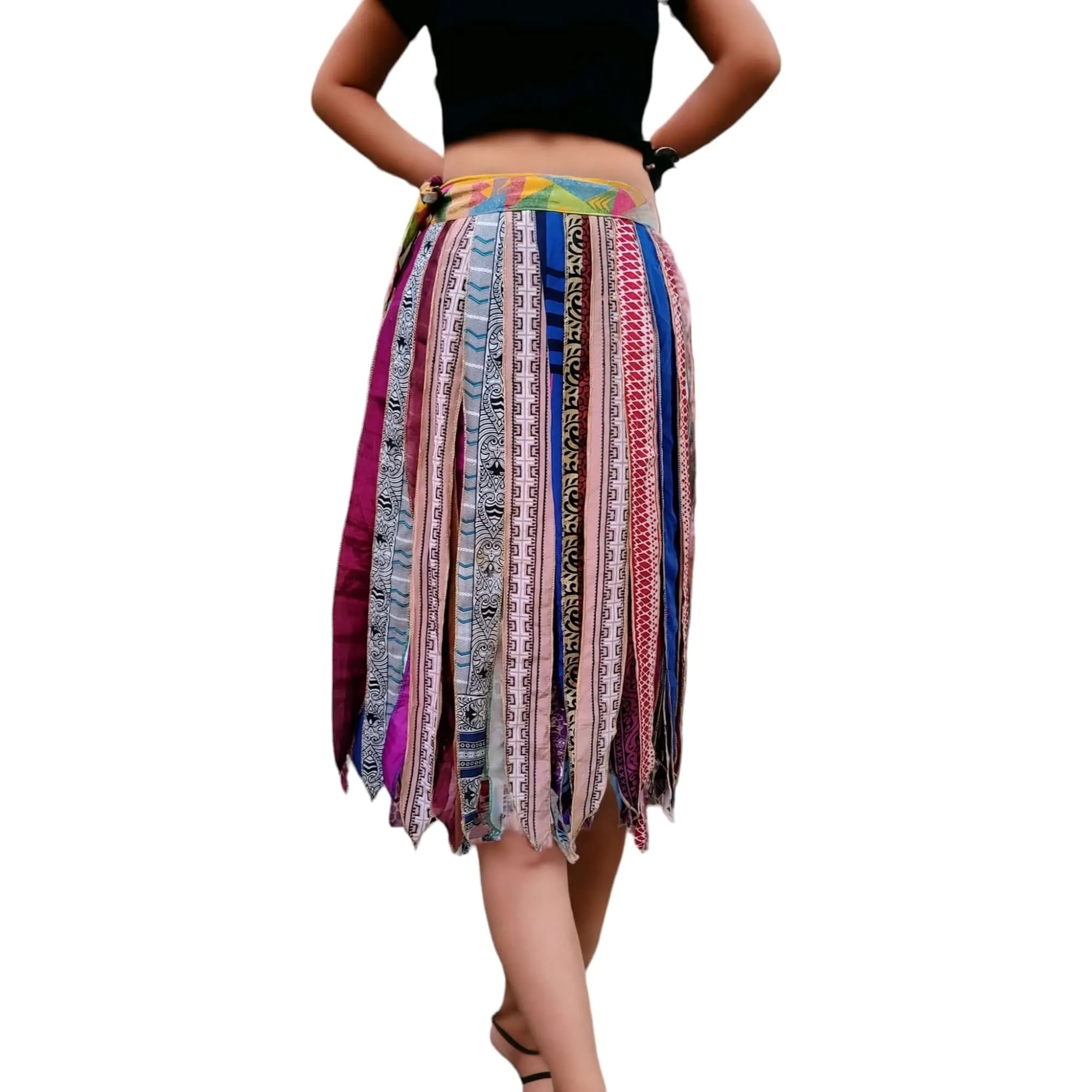 Recycled Silk Sari Wrap Around Skirt Bohemian Fashion Casual Wear Hippy Multicolour Gypsy Long Skirts Free Size 2 Pieces