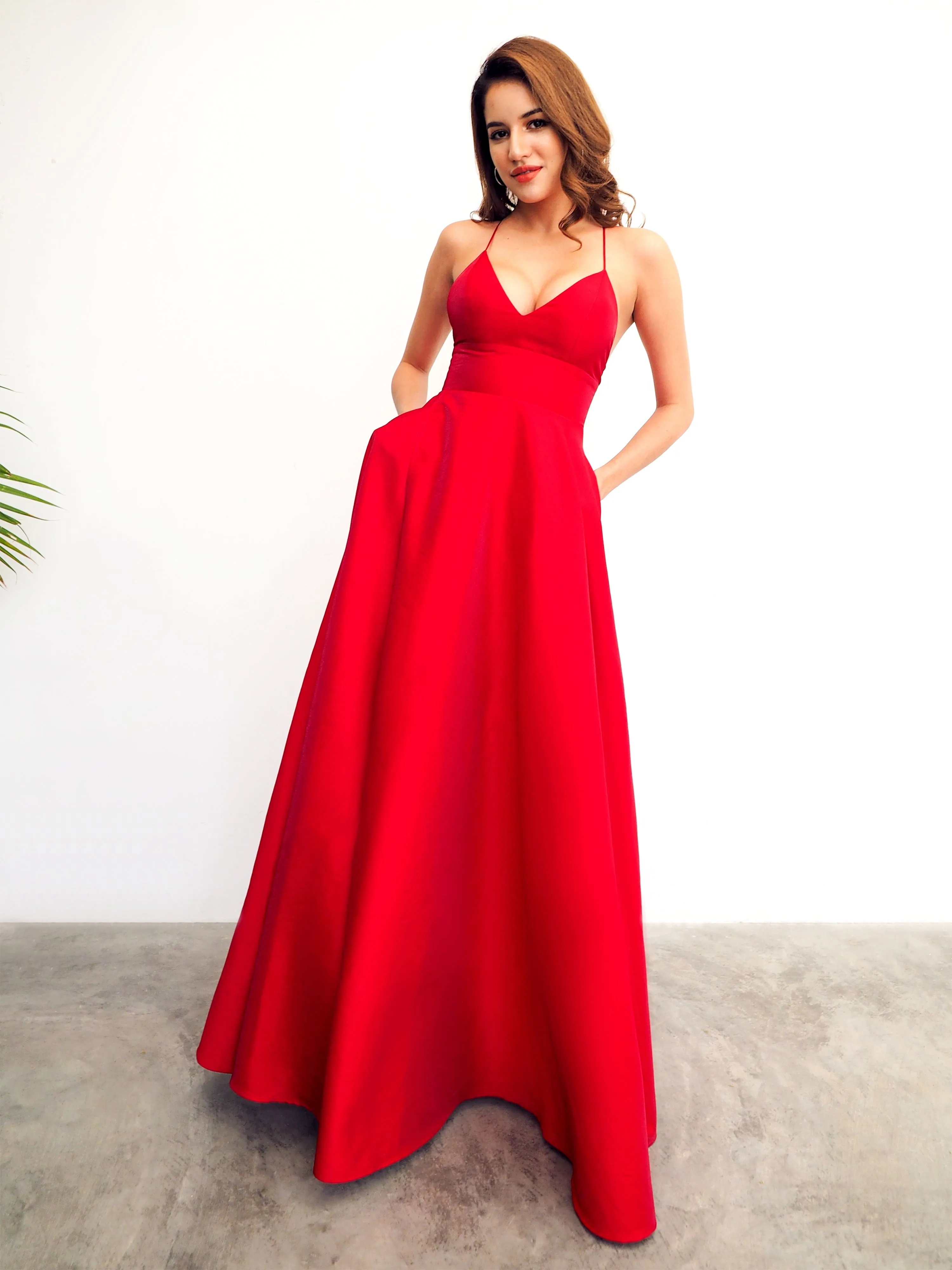 Red satin v-neck full dress with slit and lace up back (sales)