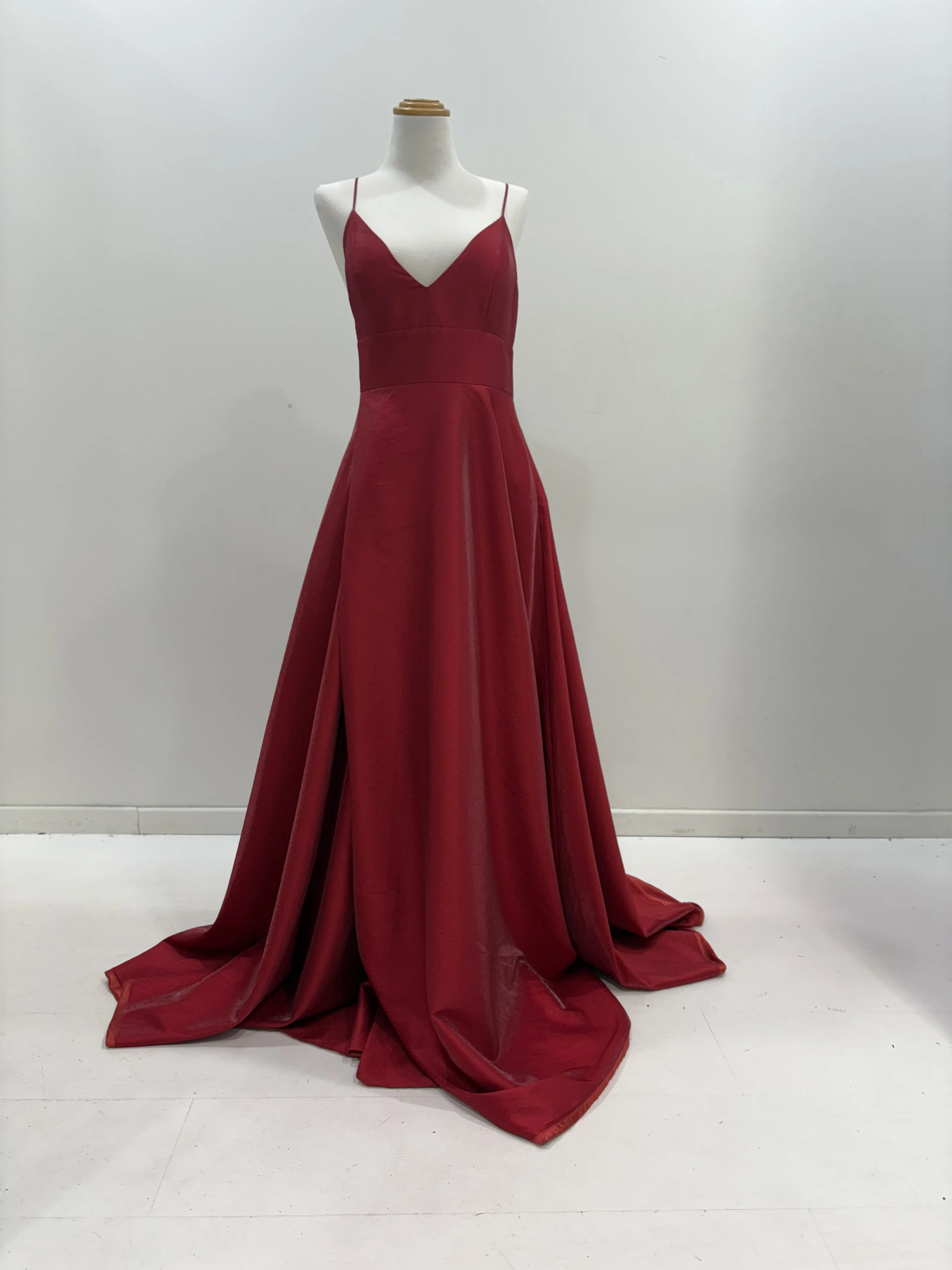 Red satin v-neck full dress with slit and lace up back (sales)