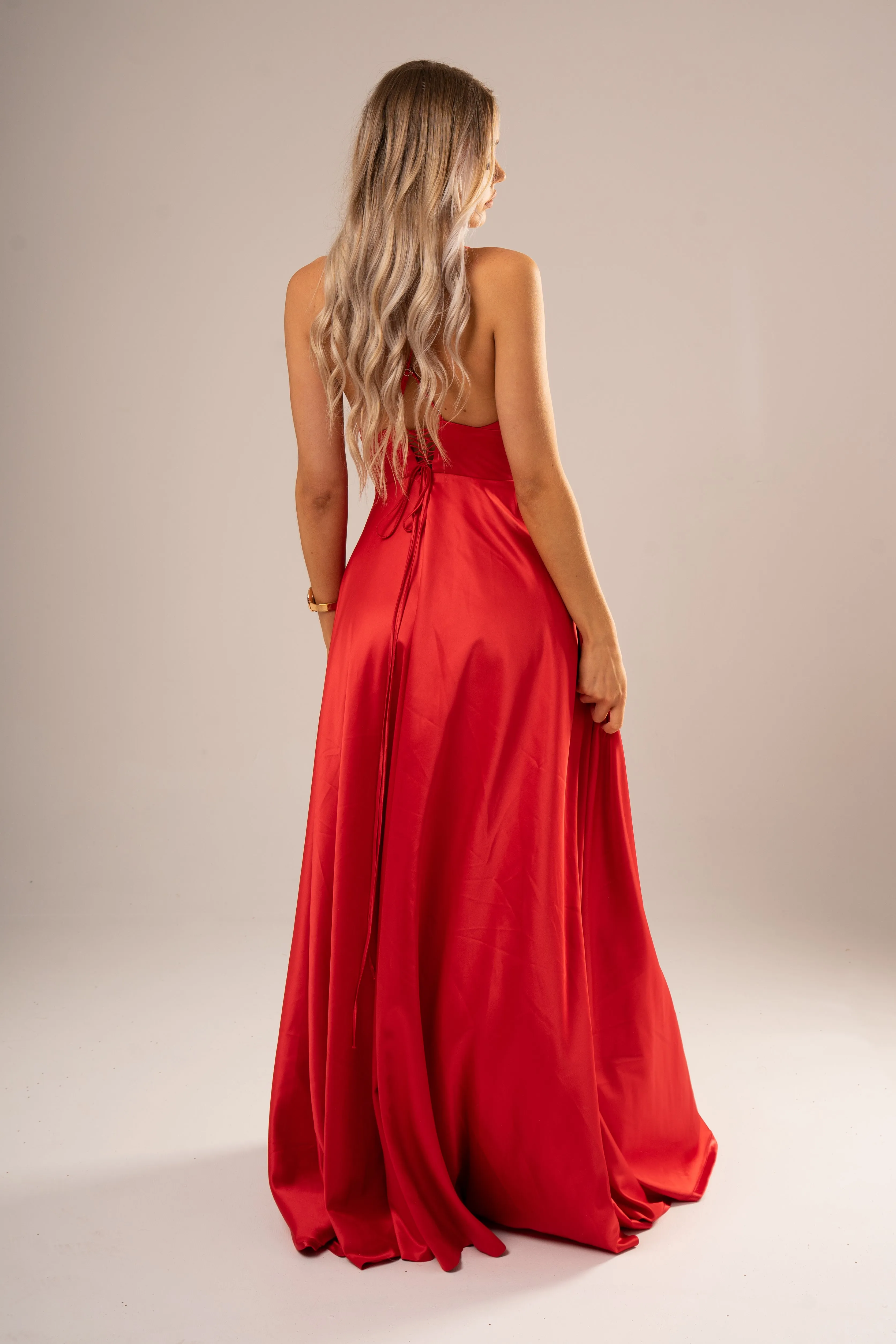 Red satin v-neck full dress with slit and lace up back (sales)