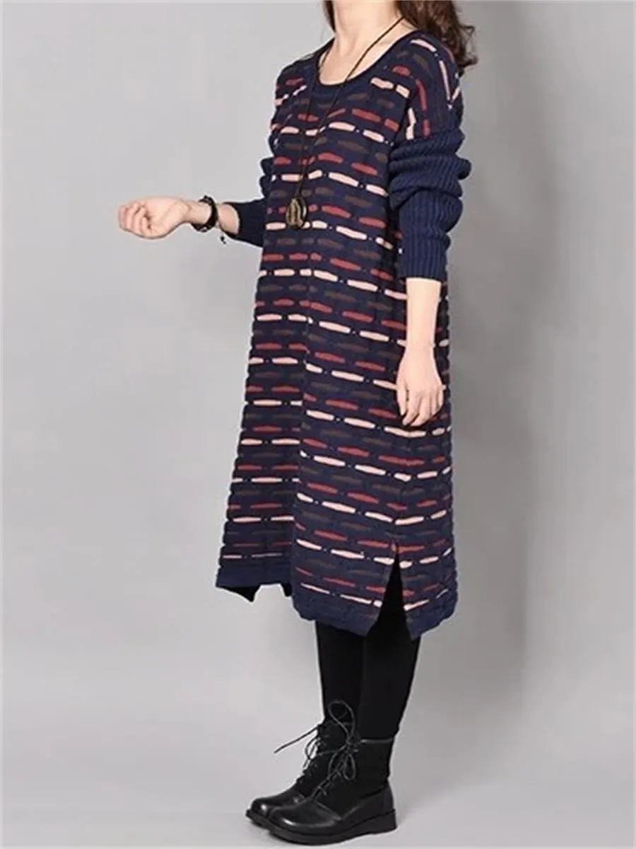 Retro Loose Women'S Striped Sweater Dress