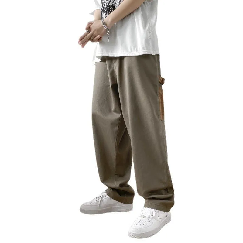 Retro stitching overalls male students loose Hong Kong style high street hip-hop straight-legged wide-leg casual trousers