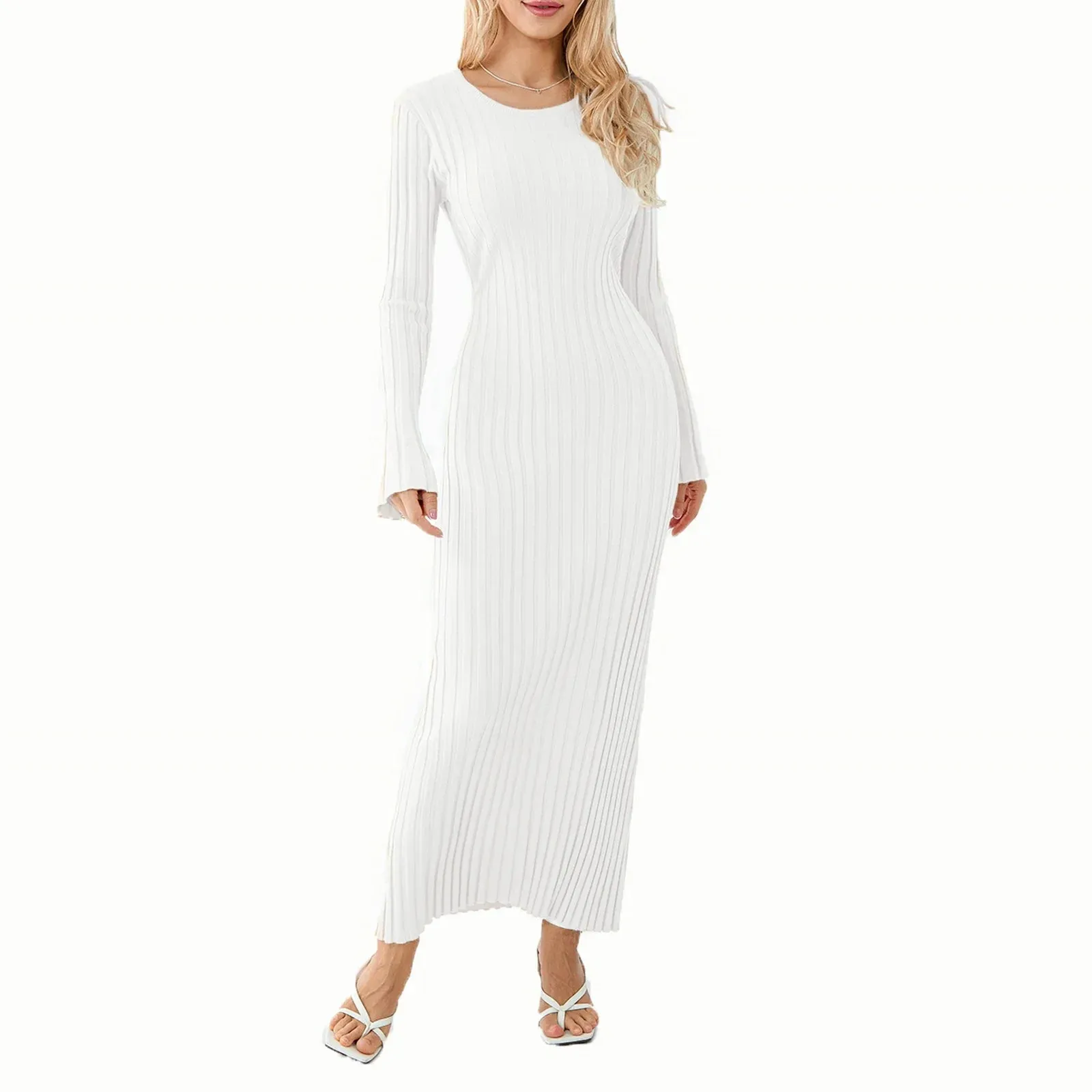 Ribbed Knitted Solid Color Crew Neck Long Sleeve Lace-up Bodycon Spring Fall Maxi Elegant Dress