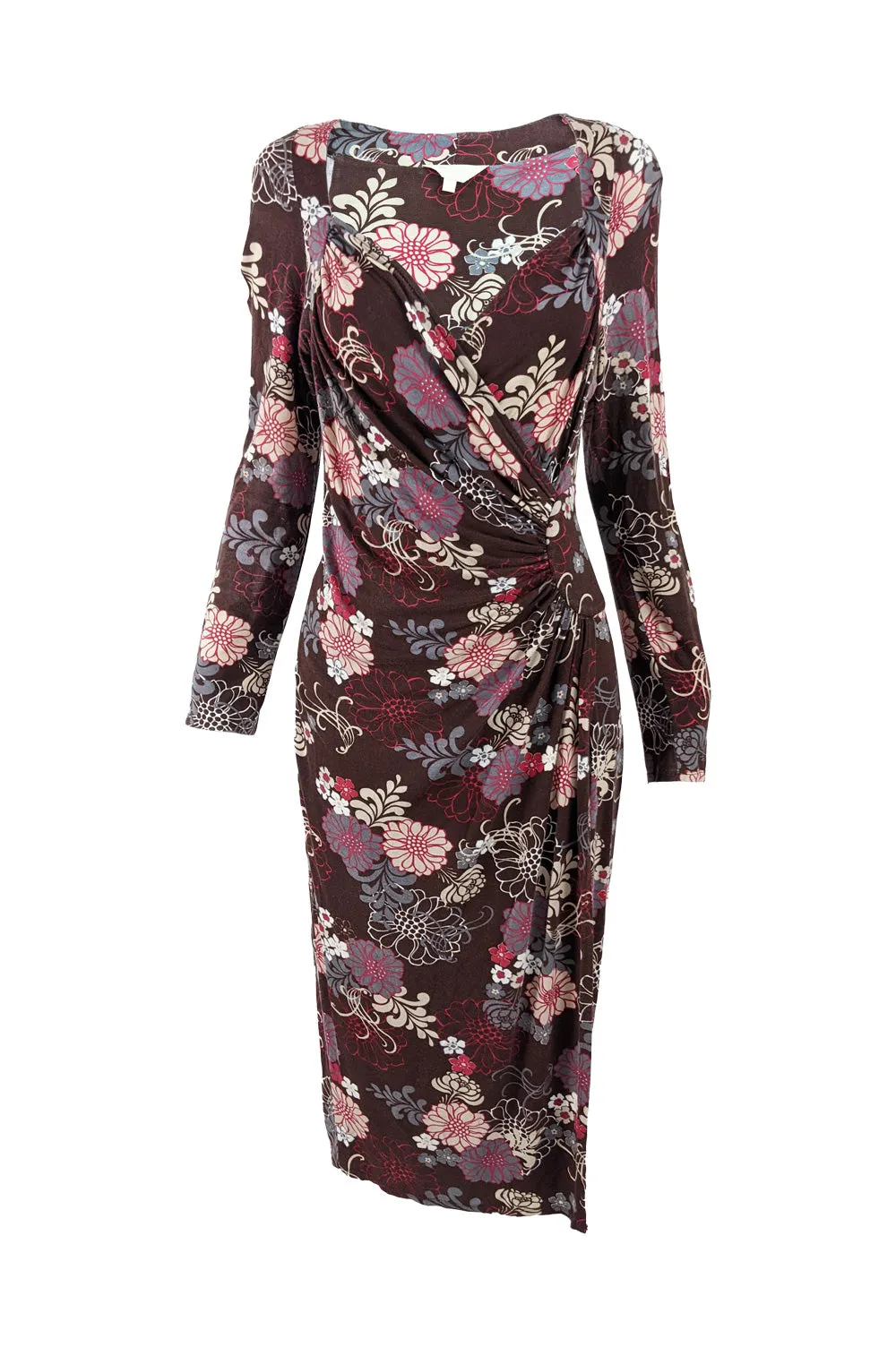 Ronit Zilkha Vintage Brown Jersey Floral Ruched Dress, 1990s