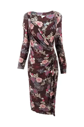 Ronit Zilkha Vintage Brown Jersey Floral Ruched Dress, 1990s