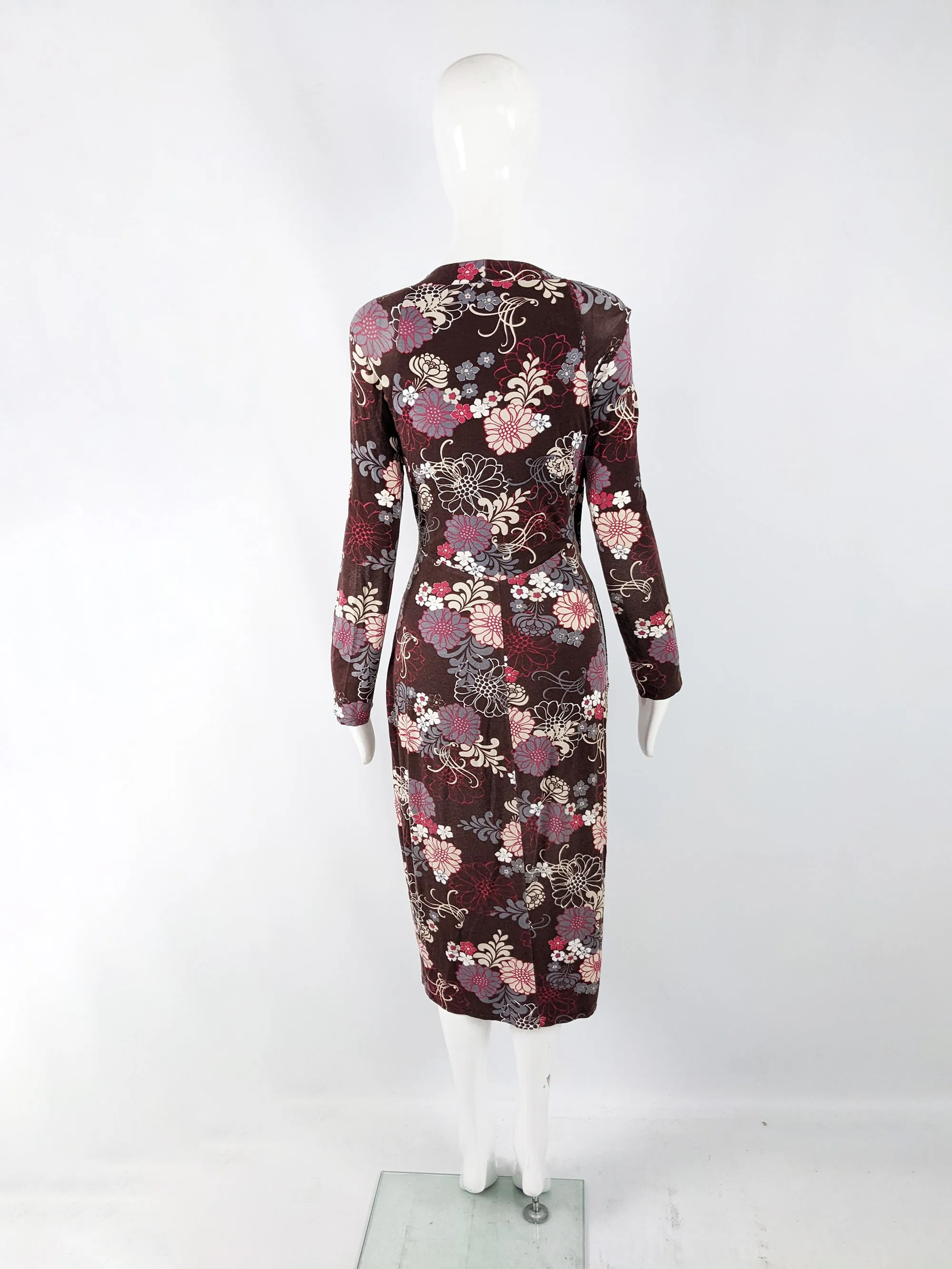 Ronit Zilkha Vintage Brown Jersey Floral Ruched Dress, 1990s