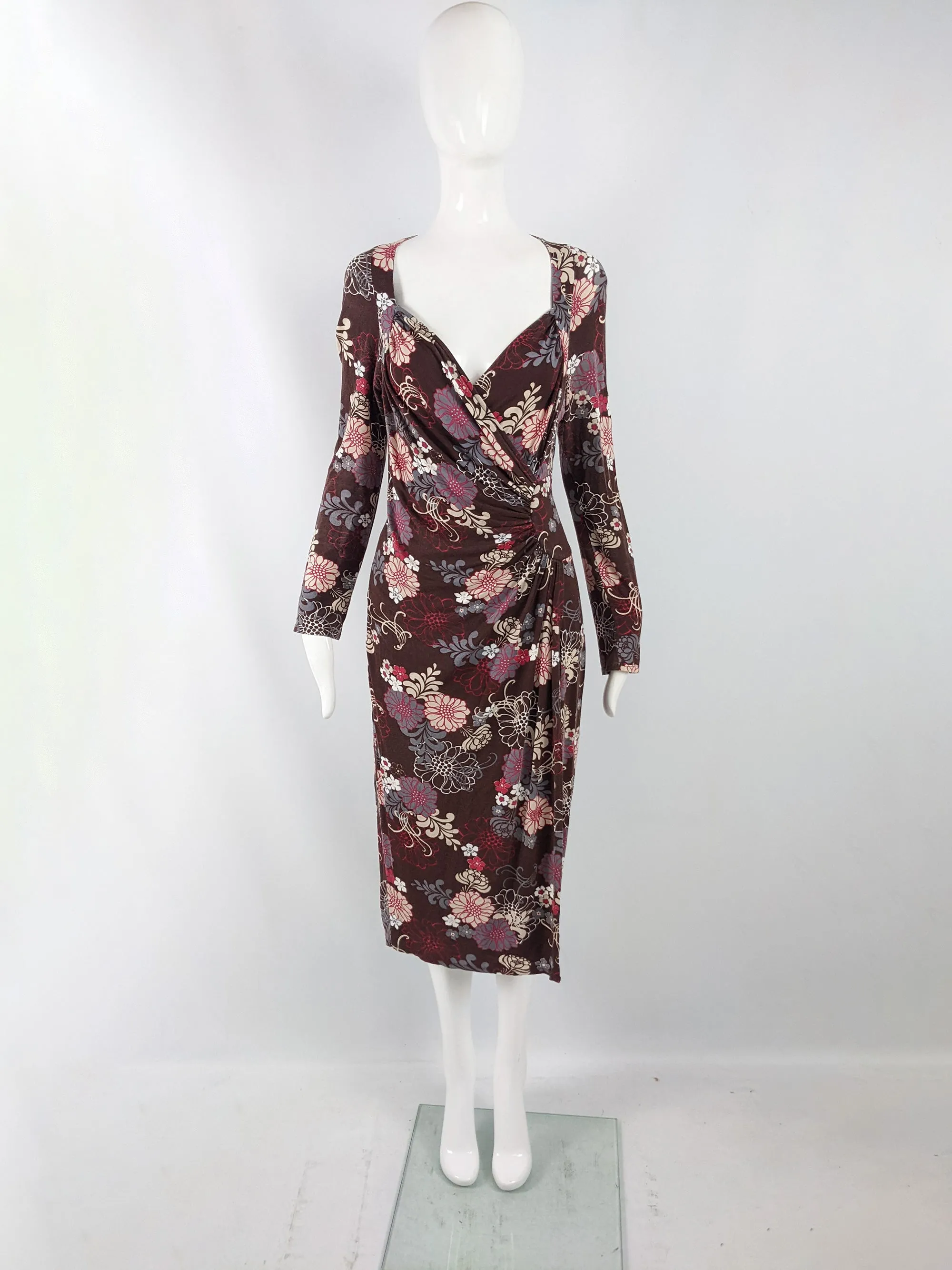 Ronit Zilkha Vintage Brown Jersey Floral Ruched Dress, 1990s