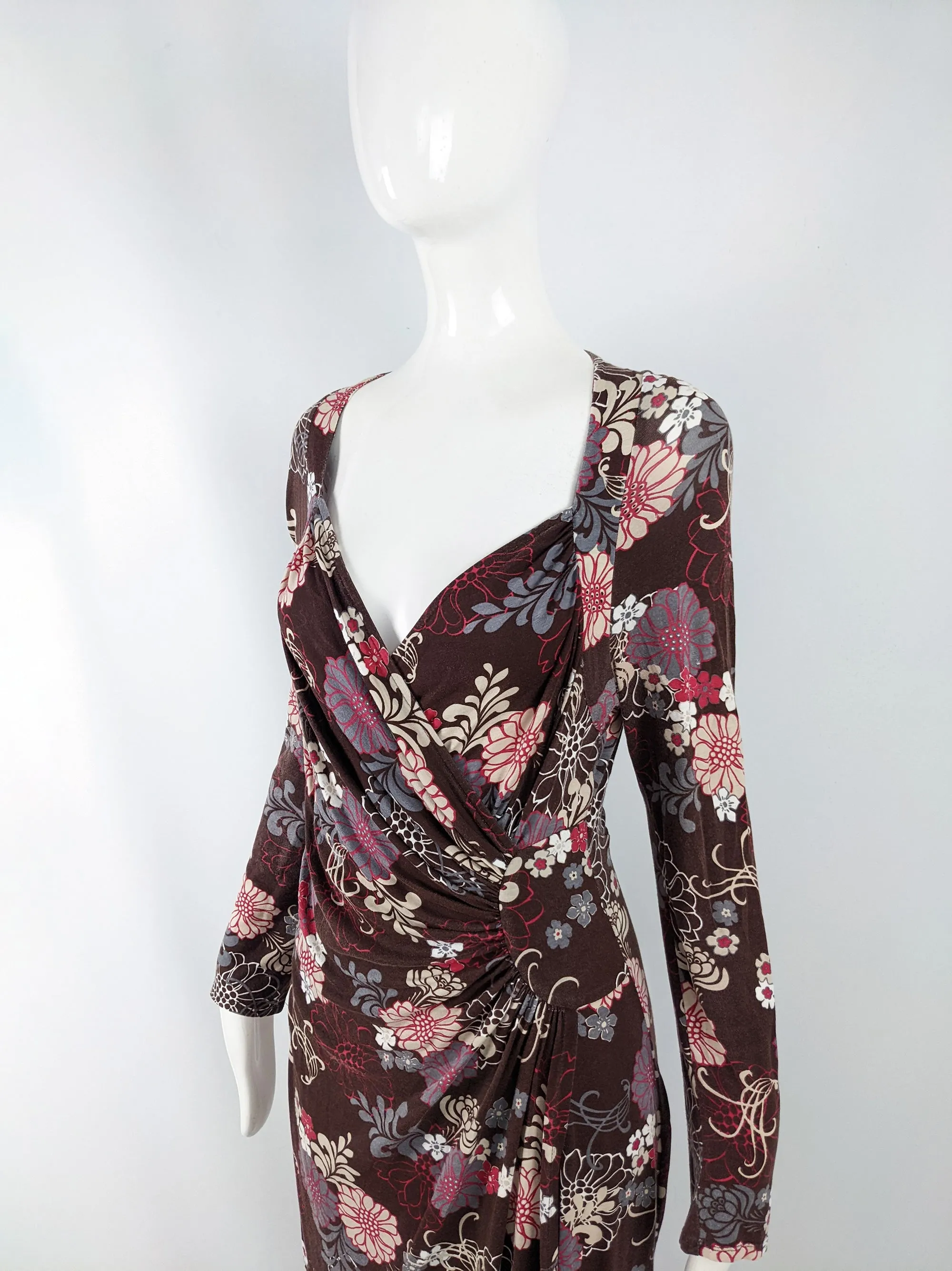 Ronit Zilkha Vintage Brown Jersey Floral Ruched Dress, 1990s