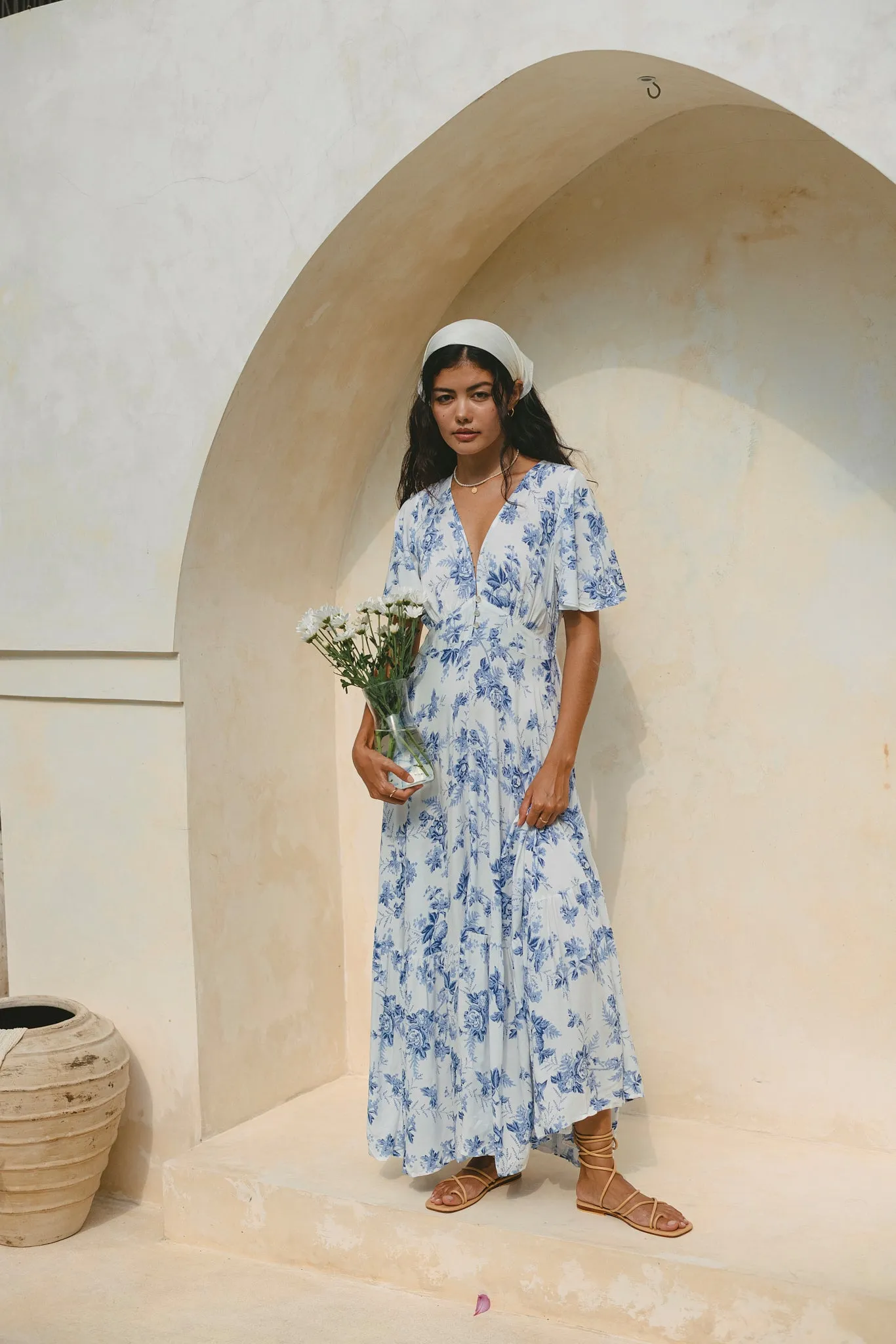 Rosette Blue Floral V-Neck Midi Dress