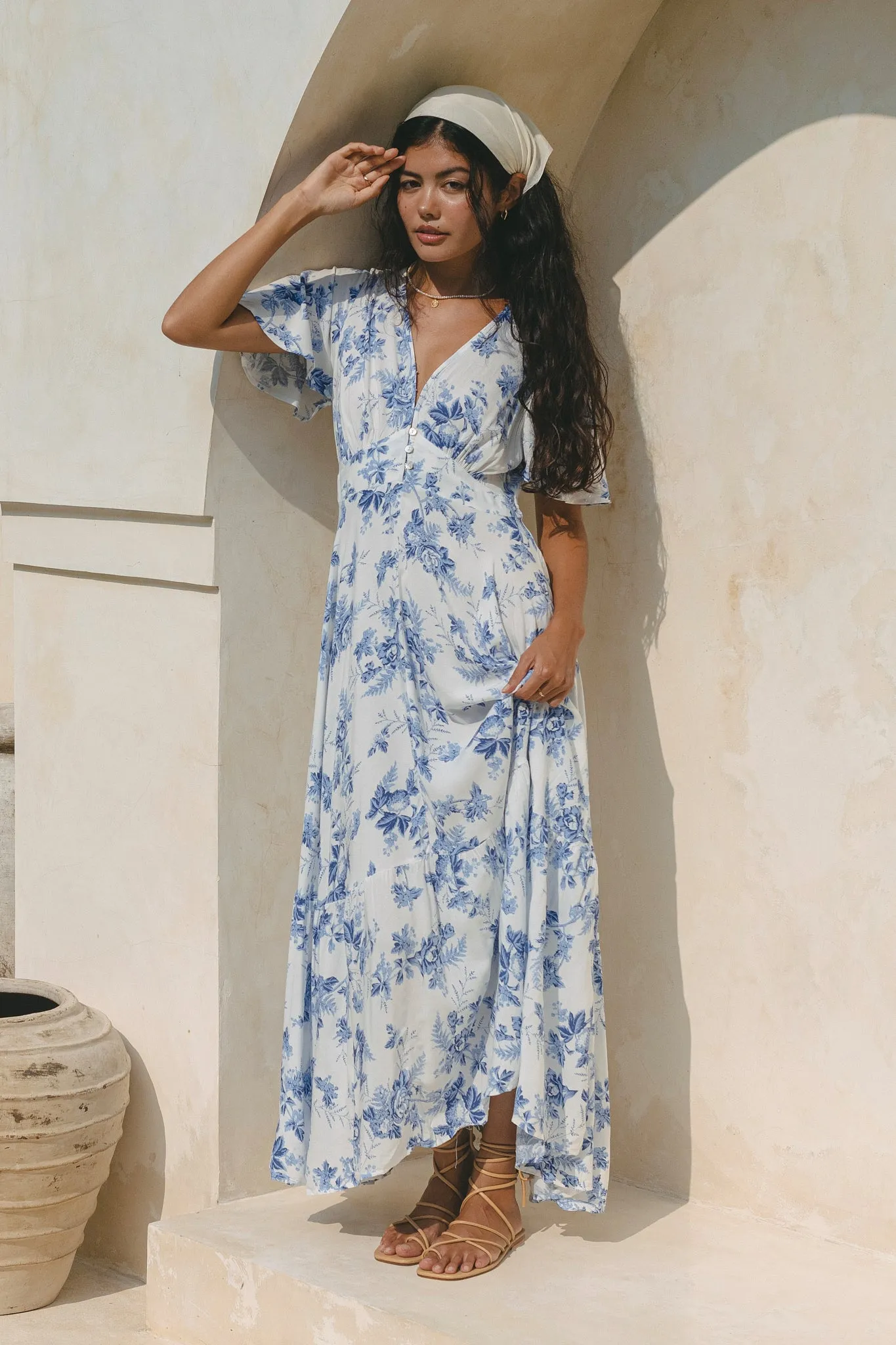 Rosette Blue Floral V-Neck Midi Dress