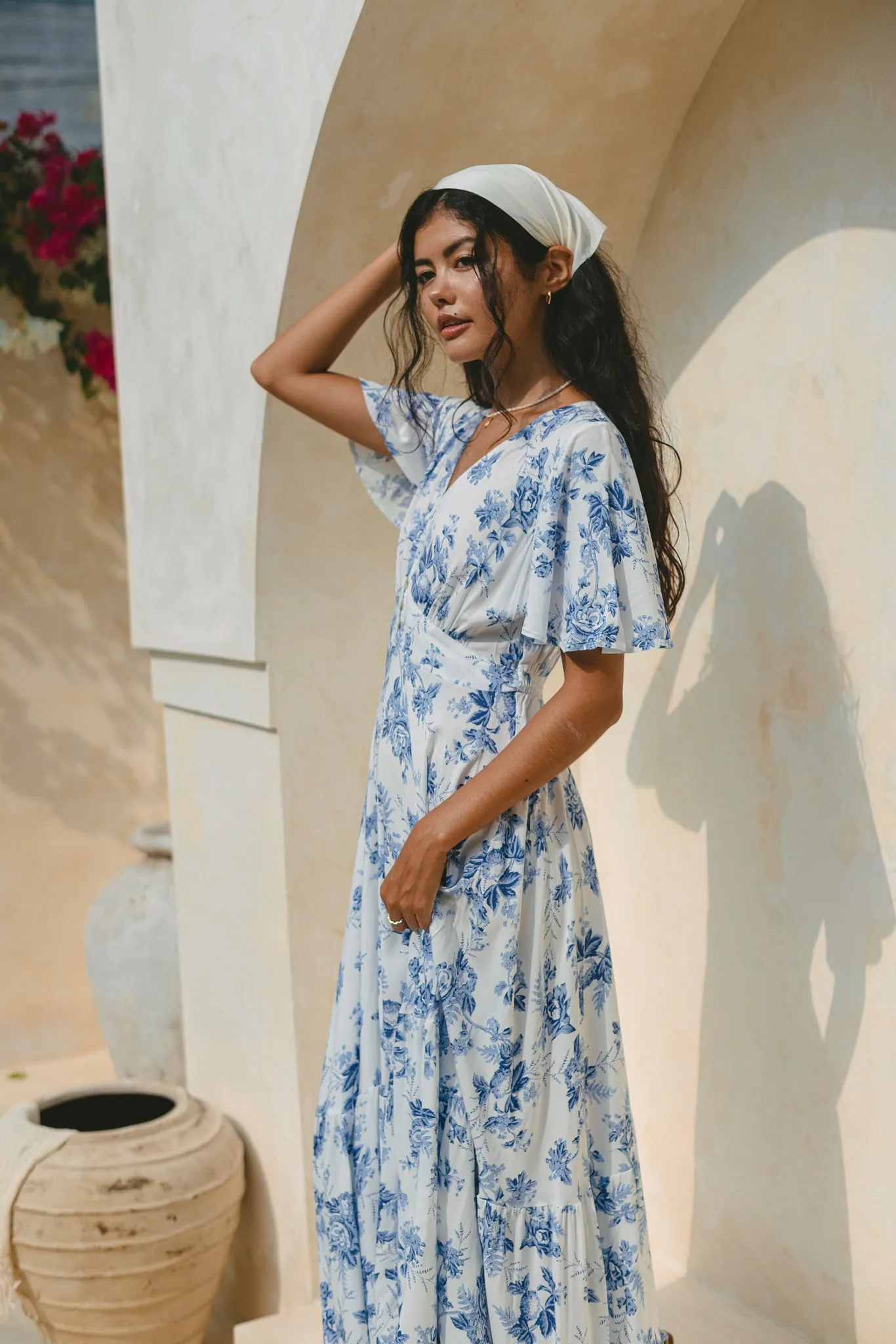 Rosette Blue Floral V-Neck Midi Dress