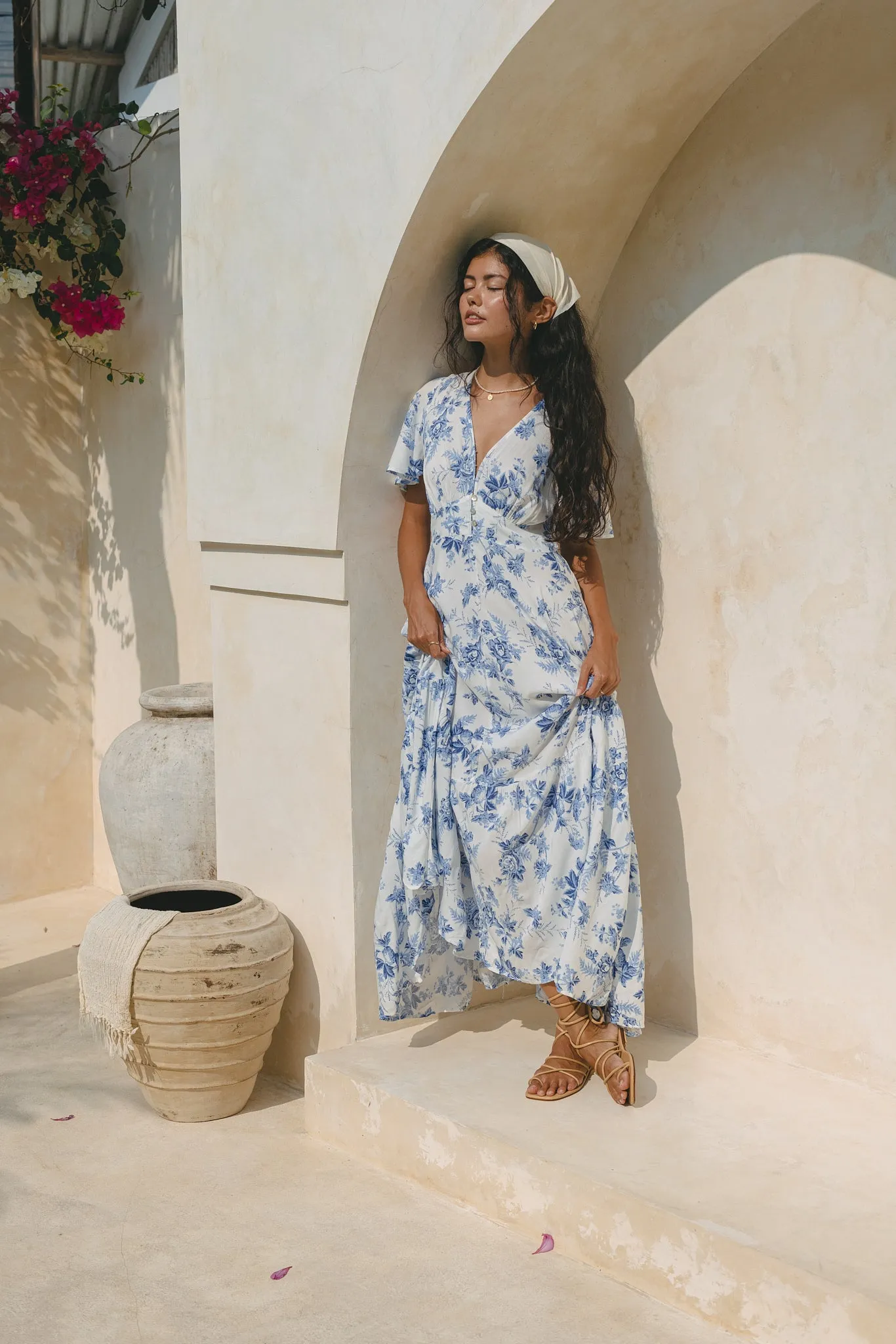 Rosette Blue Floral V-Neck Midi Dress