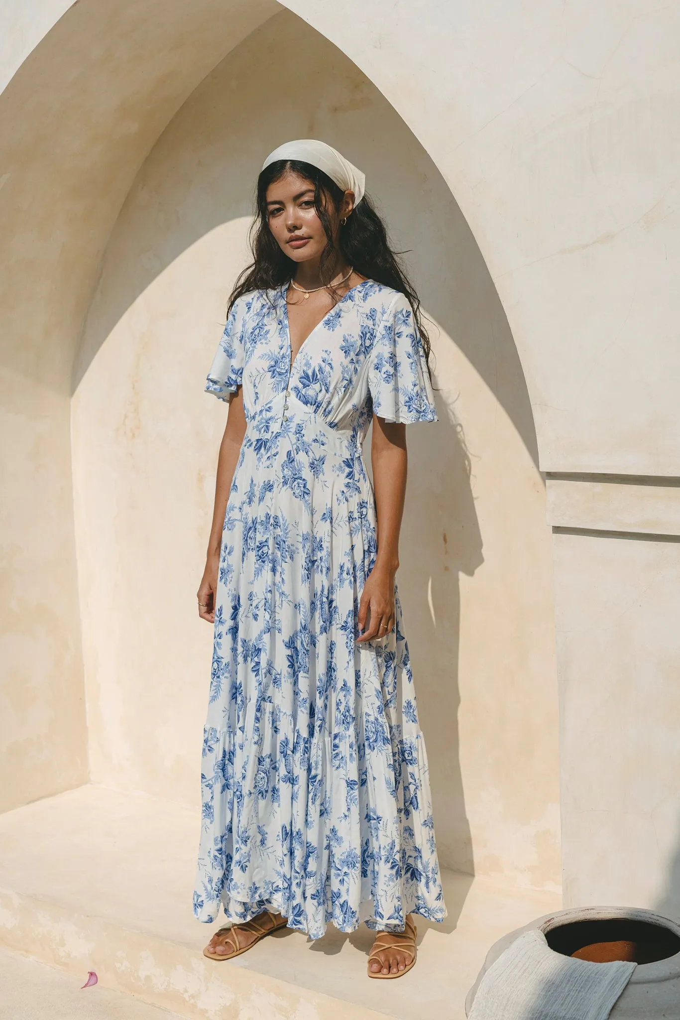 Rosette Blue Floral V-Neck Midi Dress