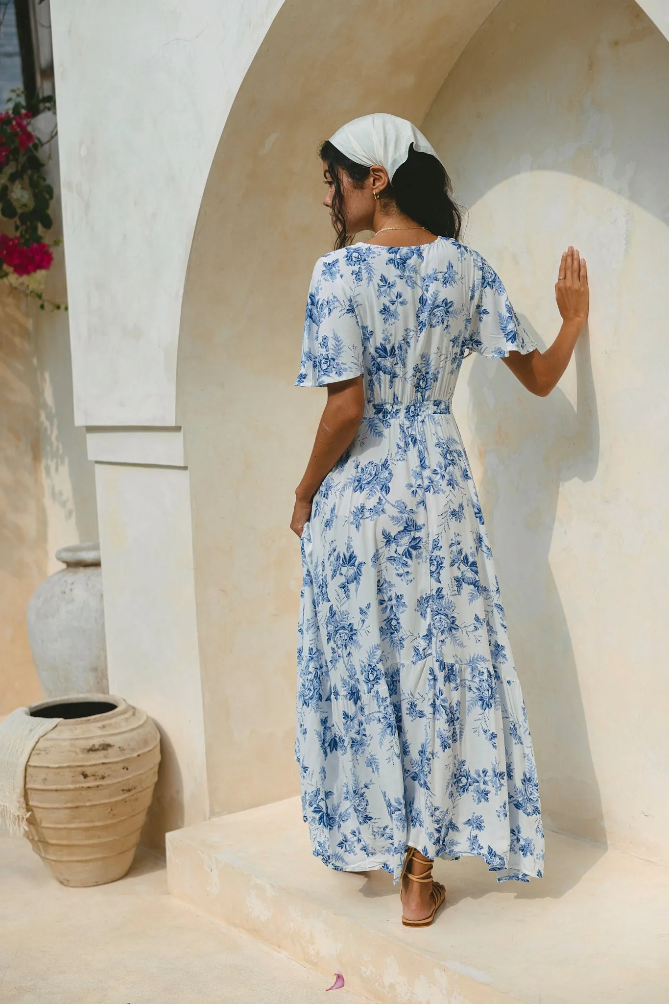 Rosette Blue Floral V-Neck Midi Dress